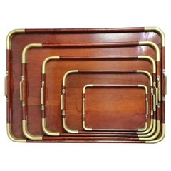 Antique Rare Set of Art Deco Mahogany Wooden Trays with Brass Handles, 1920s