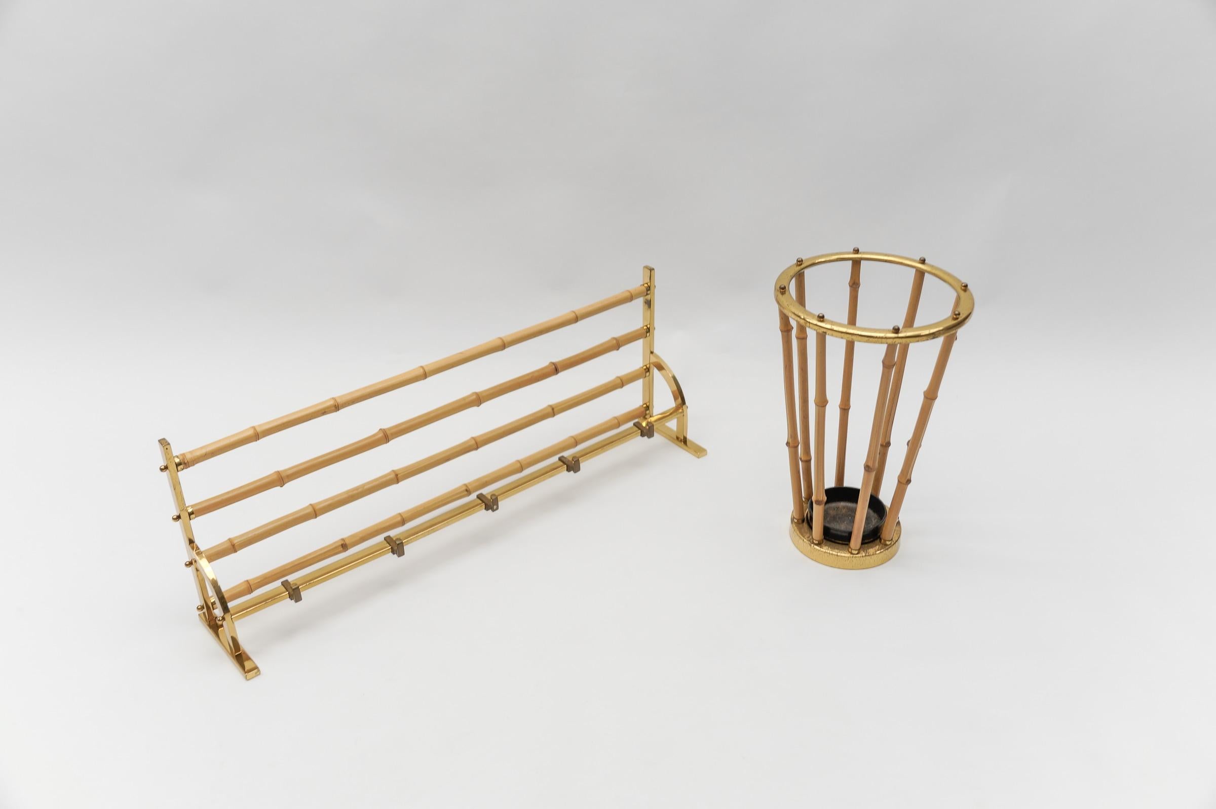 Italian Rare Set of Brass and Bamboo Coat Rack and Umbrella Stand, 1950 Italy For Sale