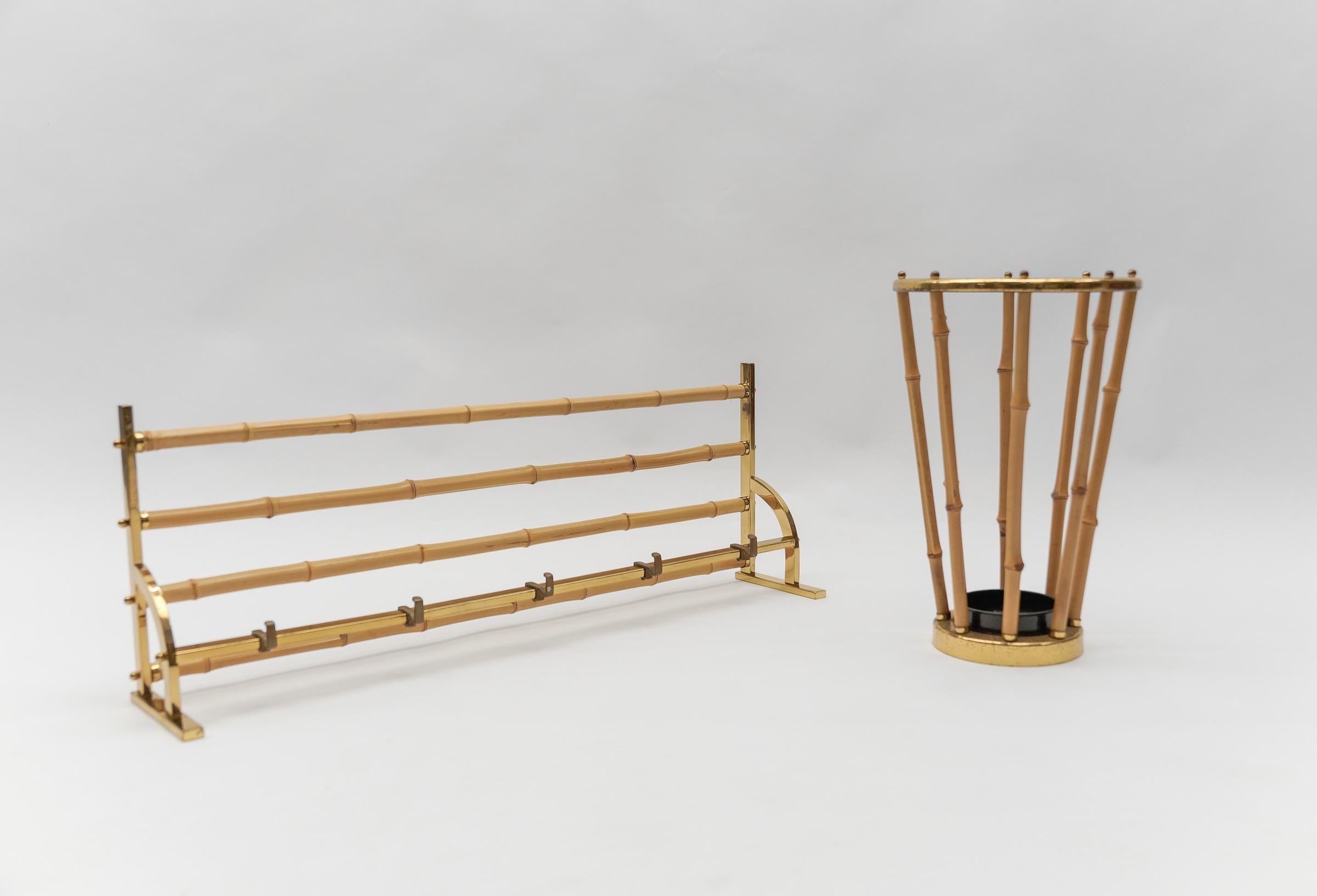 Rare Set of Brass and Bamboo Coat Rack and Umbrella Stand, 1950 Italy In Good Condition For Sale In Nürnberg, Bayern