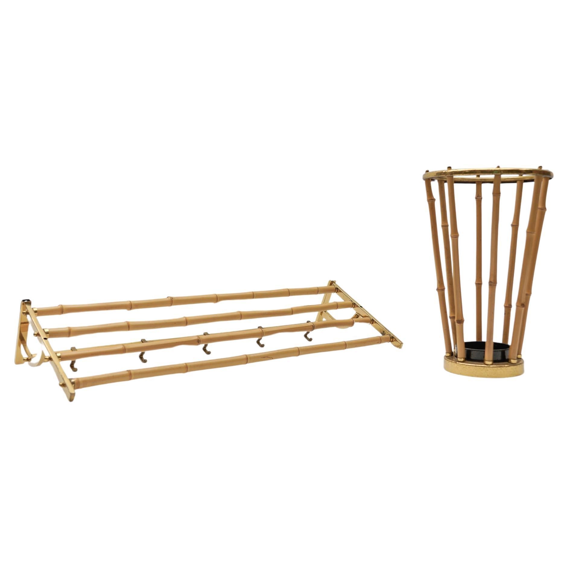 Rare Set of Brass and Bamboo Coat Rack and Umbrella Stand, 1950 Italy For Sale