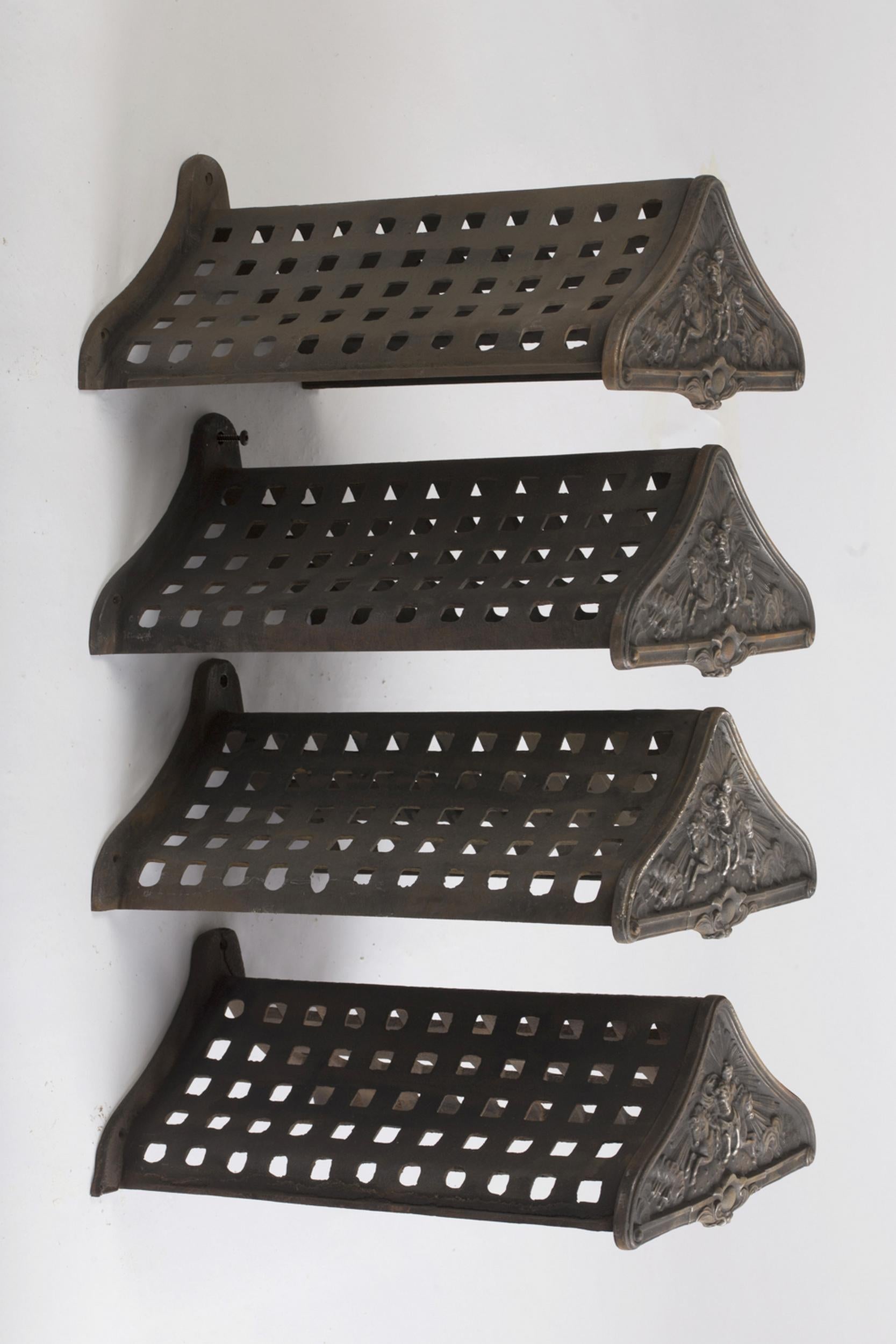 Beautiful cast iron castle stable set for four horses with hunting decor:

Four saddle racks
Four harness racks
Six bridle racks
One whip rack
Four hooks

Probably made based on designs from the Ducel foundry, which was bought in 1878 by the Val