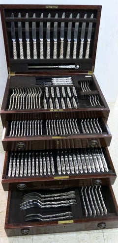 Rare Chased & Pierced Vine Sterling Silver Flatware Set by Asprey, 173pcs