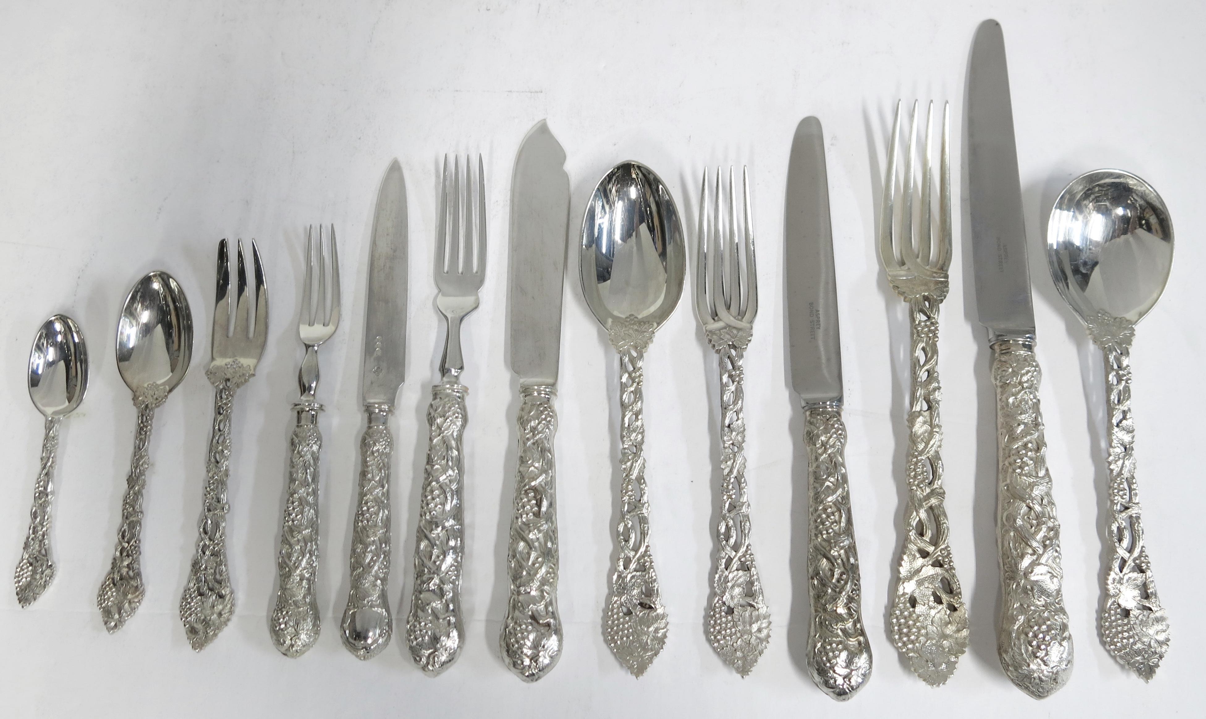 Rare Chased & Pierced Vine Sterling Silver Flatware Set by Asprey, 173pcs For Sale 1