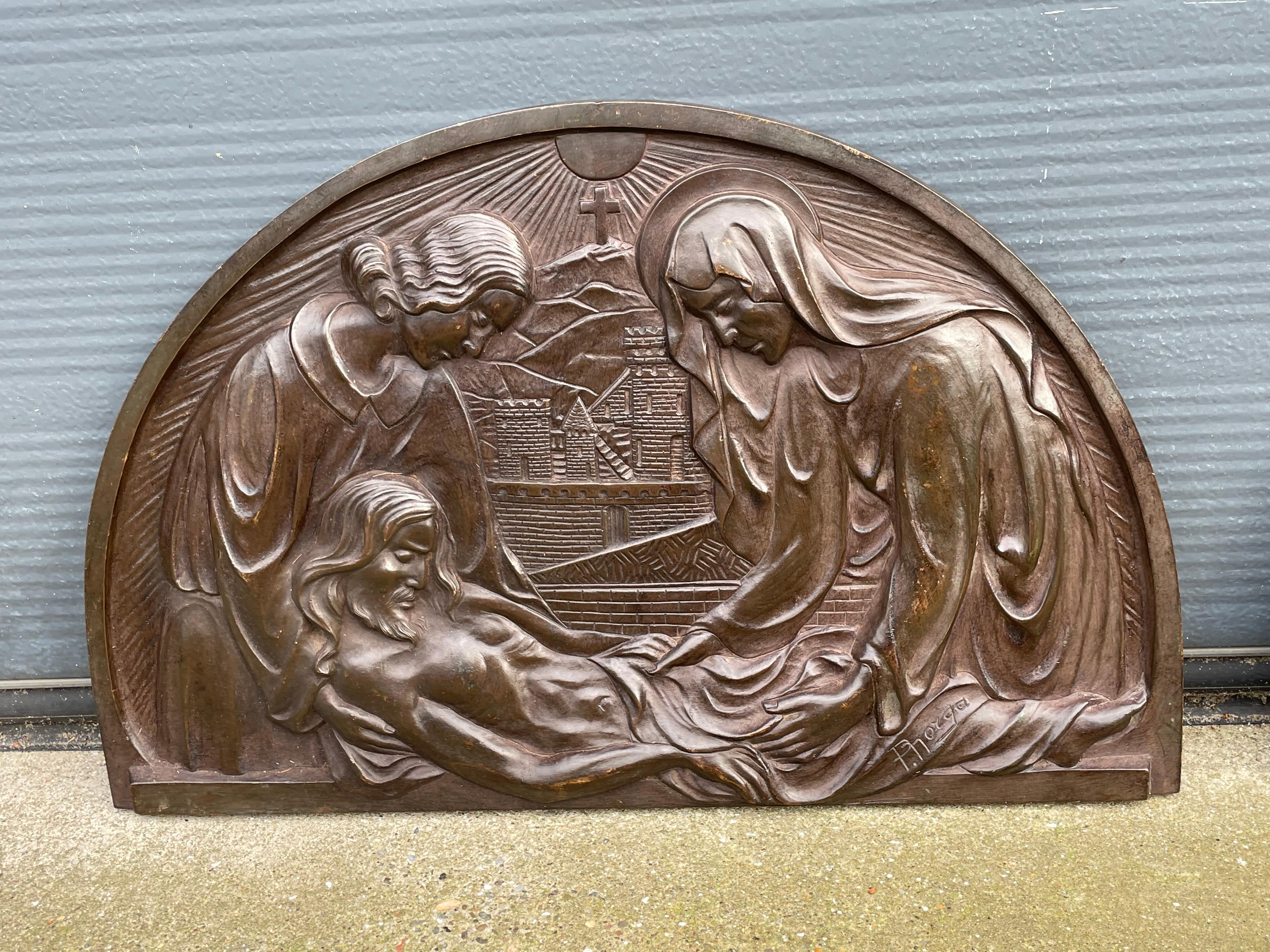 Rare Set of Christian Art Deco Bronze Jesus, Mary & Angel Wall Plaques by Norga For Sale 12