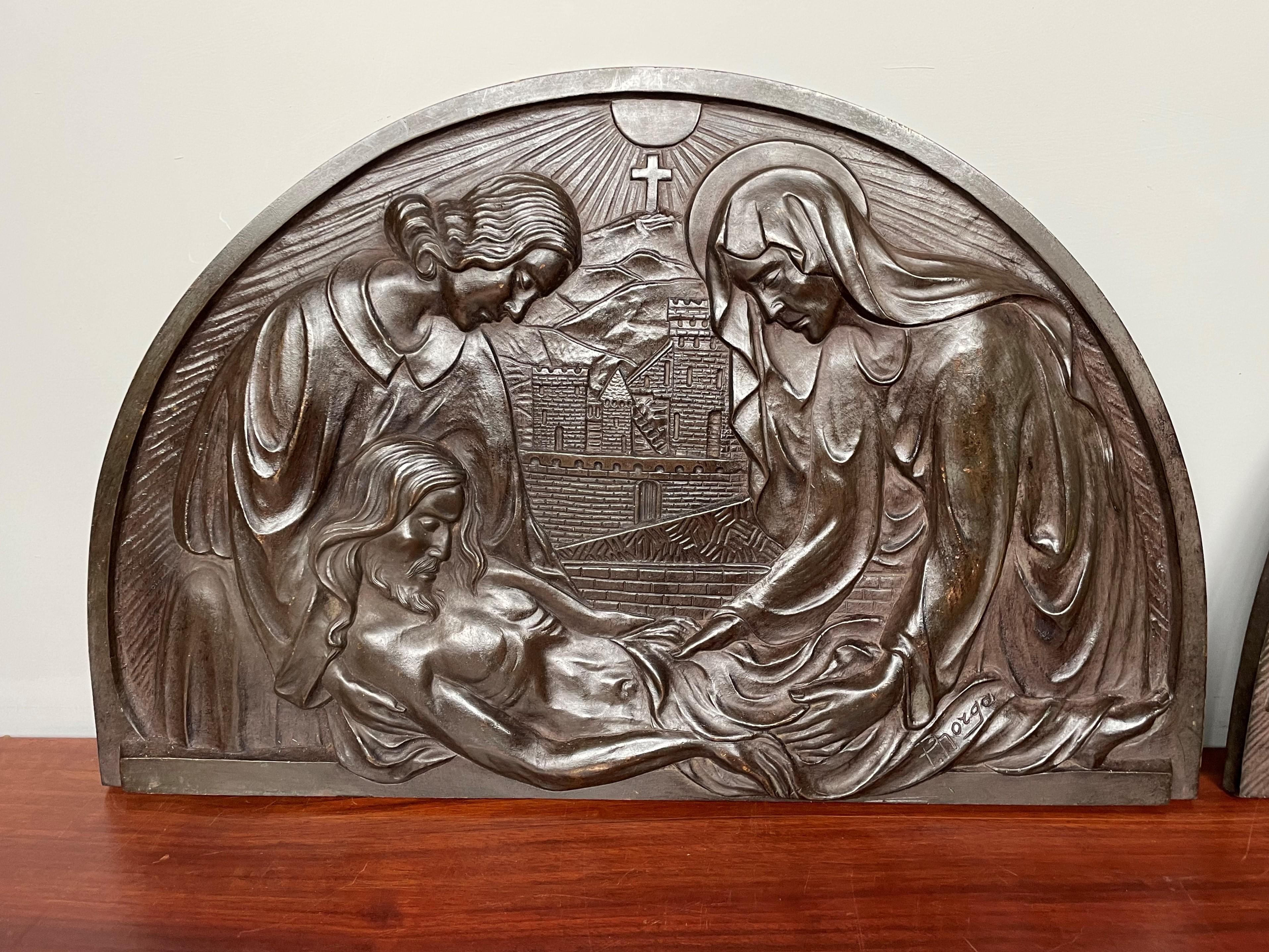 Belgian Rare Set of Christian Art Deco Bronze Jesus, Mary & Angel Wall Plaques by Norga For Sale