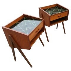 Vintage Rare Set of Danish Mid-Century Modern Nightstands in Teak with Glass Top, 1960´s