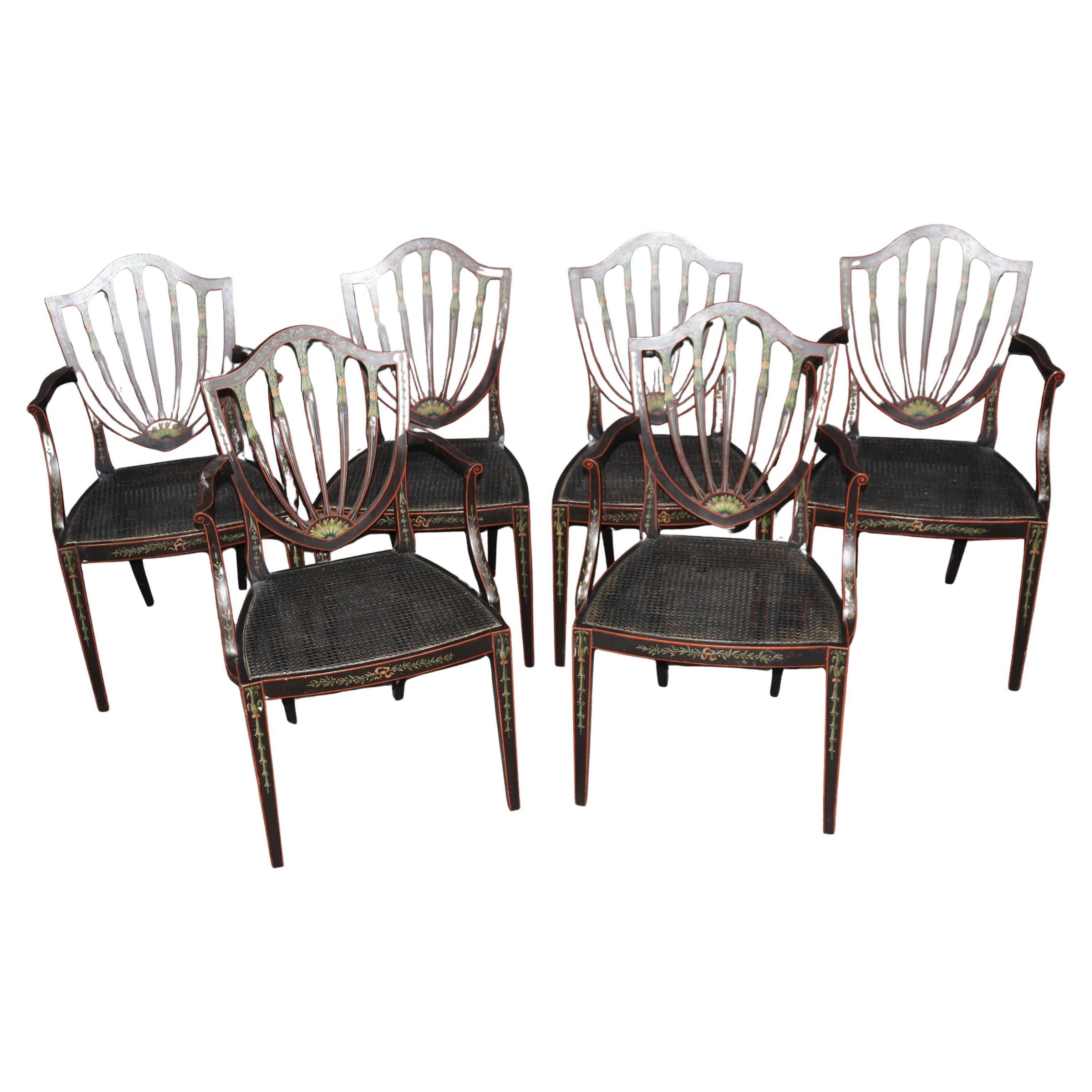 Rare set of Ebonized Paint Decorated Adams Dining Chairs 4 Arms & 2 Side Chairs