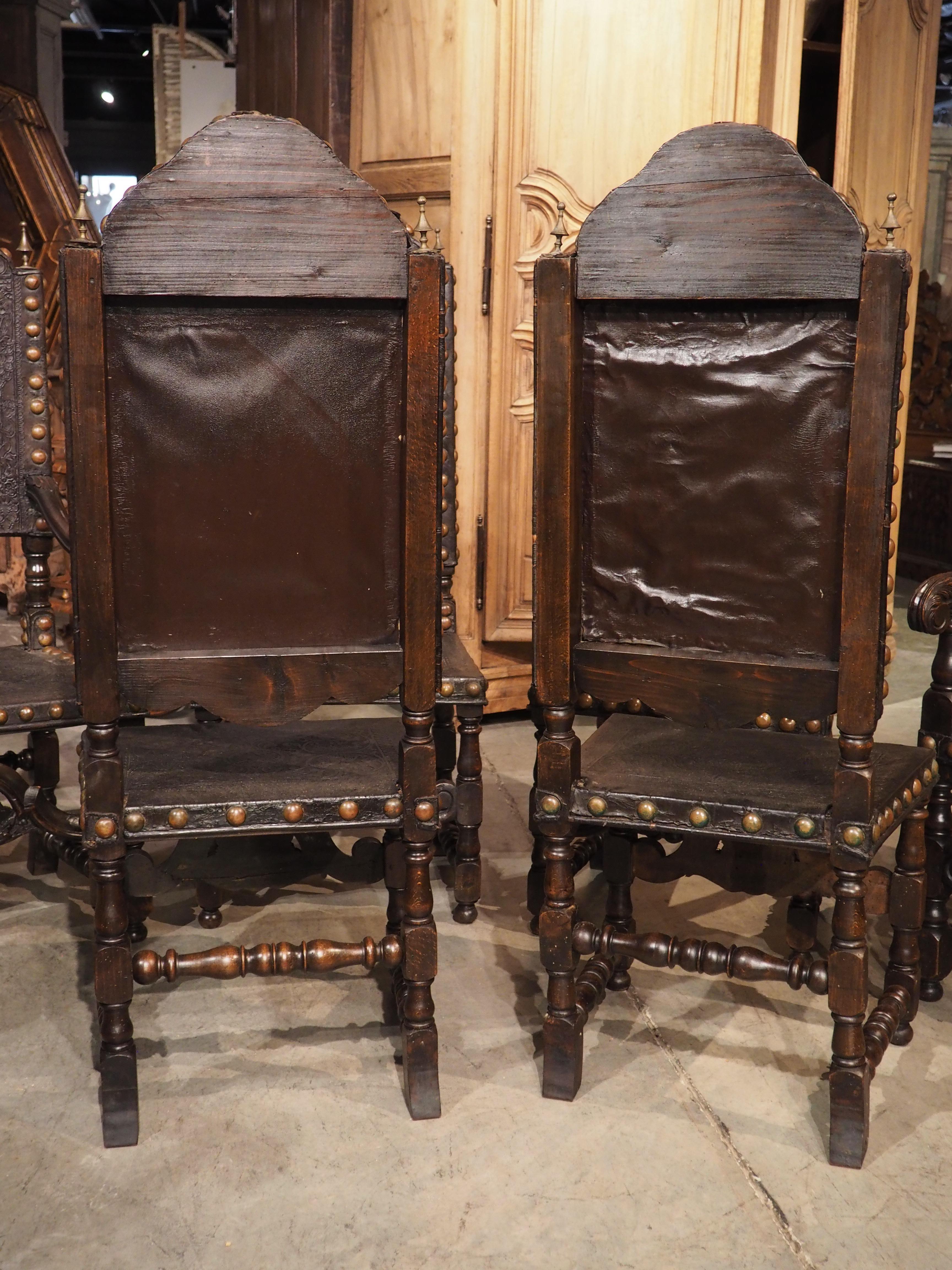 Rare Set of Eight 19th Century Spanish Embossed and Studded Leather Chairs 5
