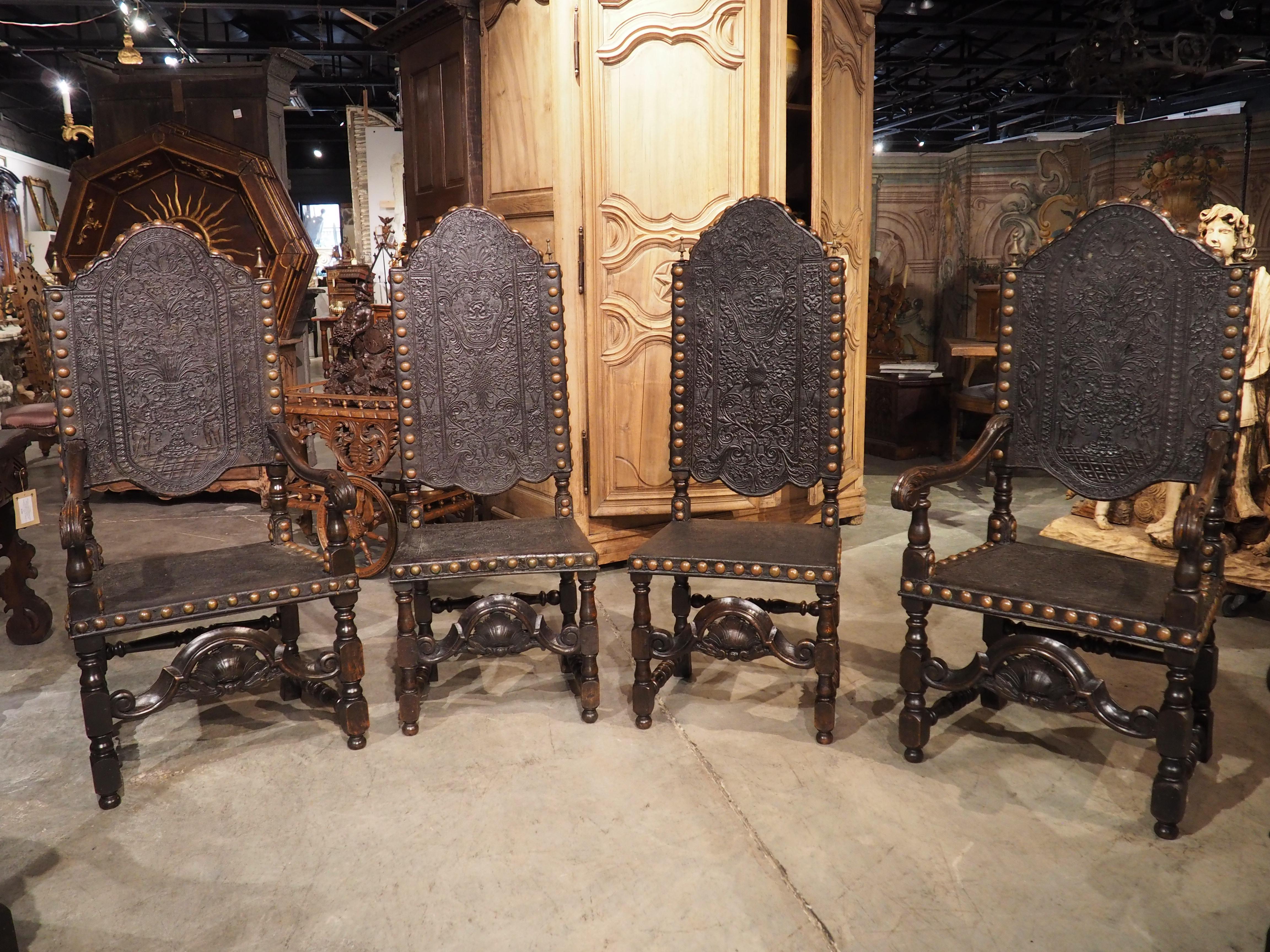 Rare Set of Eight 19th Century Spanish Embossed and Studded Leather Chairs 6