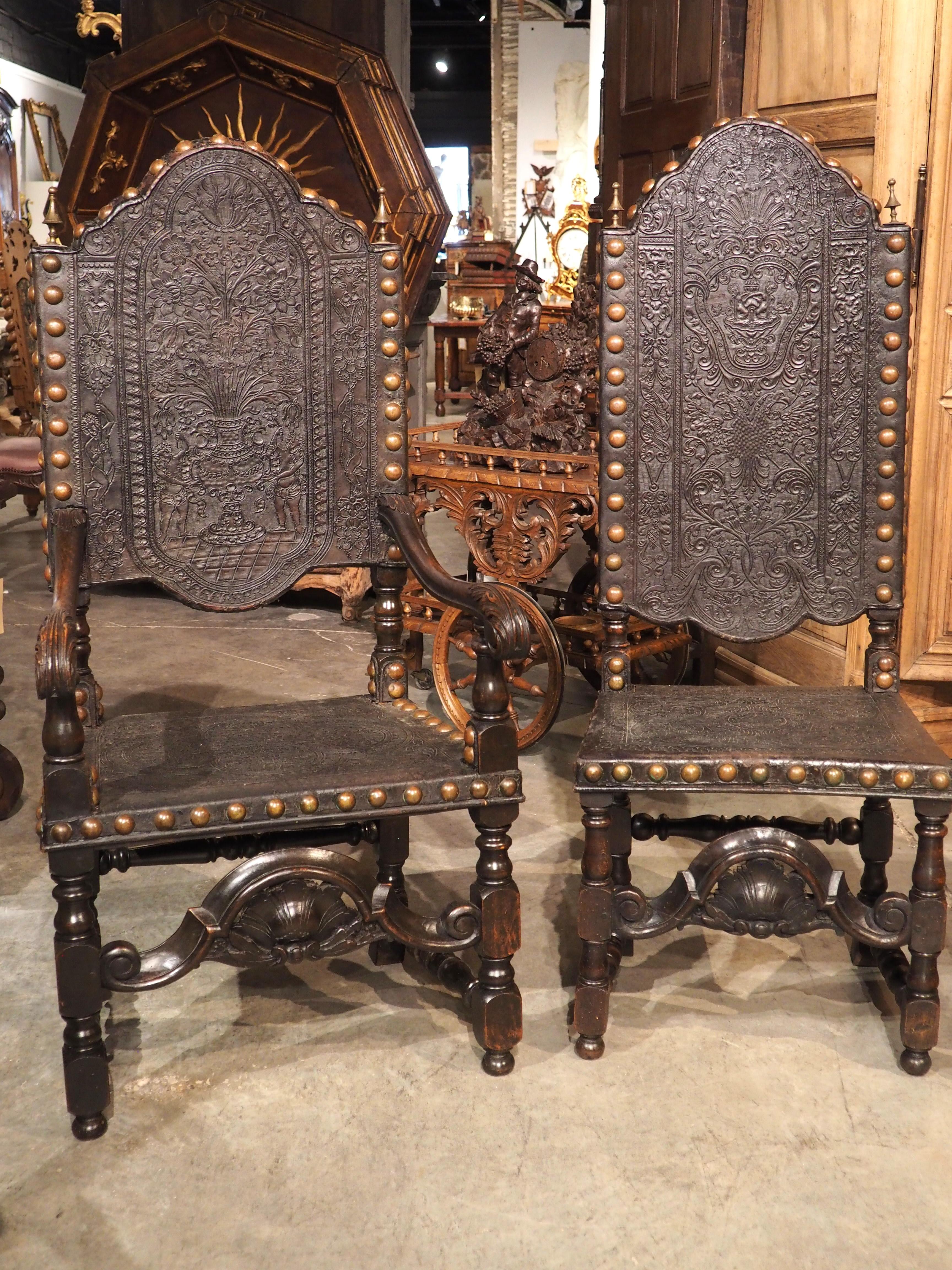 Rare Set of Eight 19th Century Spanish Embossed and Studded Leather Chairs 7