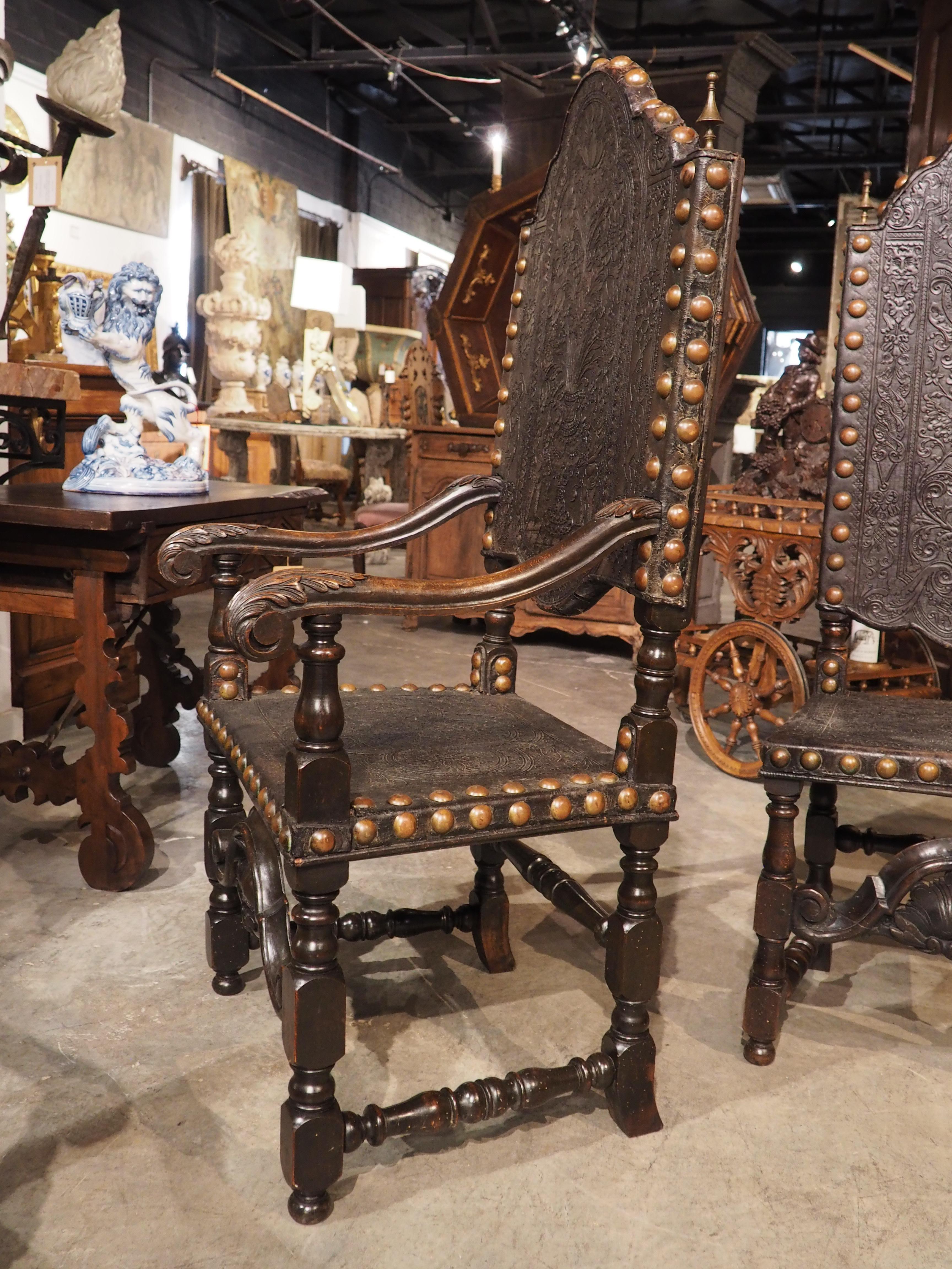 Rare Set of Eight 19th Century Spanish Embossed and Studded Leather Chairs 11
