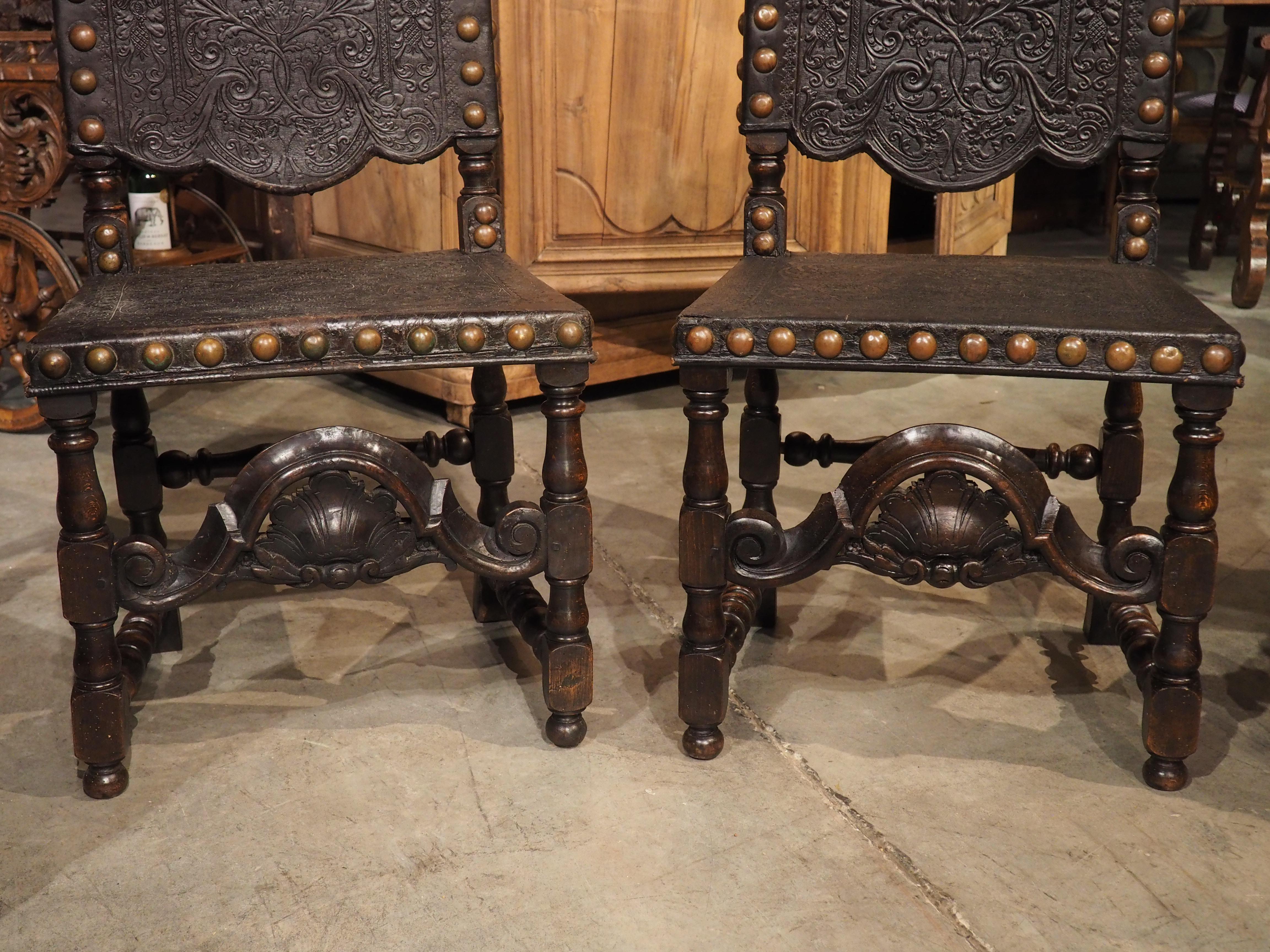 Rare Set of Eight 19th Century Spanish Embossed and Studded Leather Chairs 13
