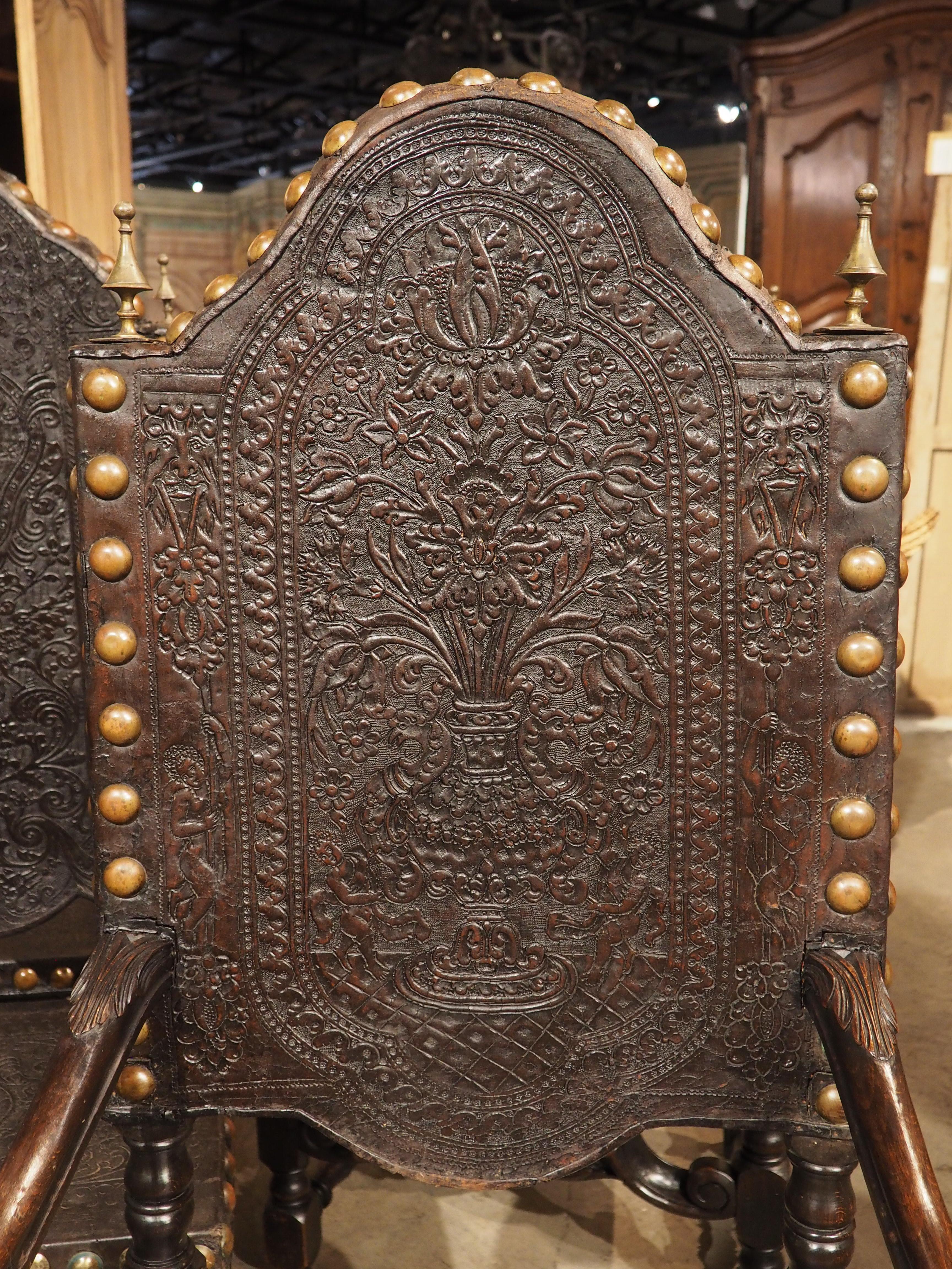 Rare Set of Eight 19th Century Spanish Embossed and Studded Leather Chairs In Good Condition In Dallas, TX