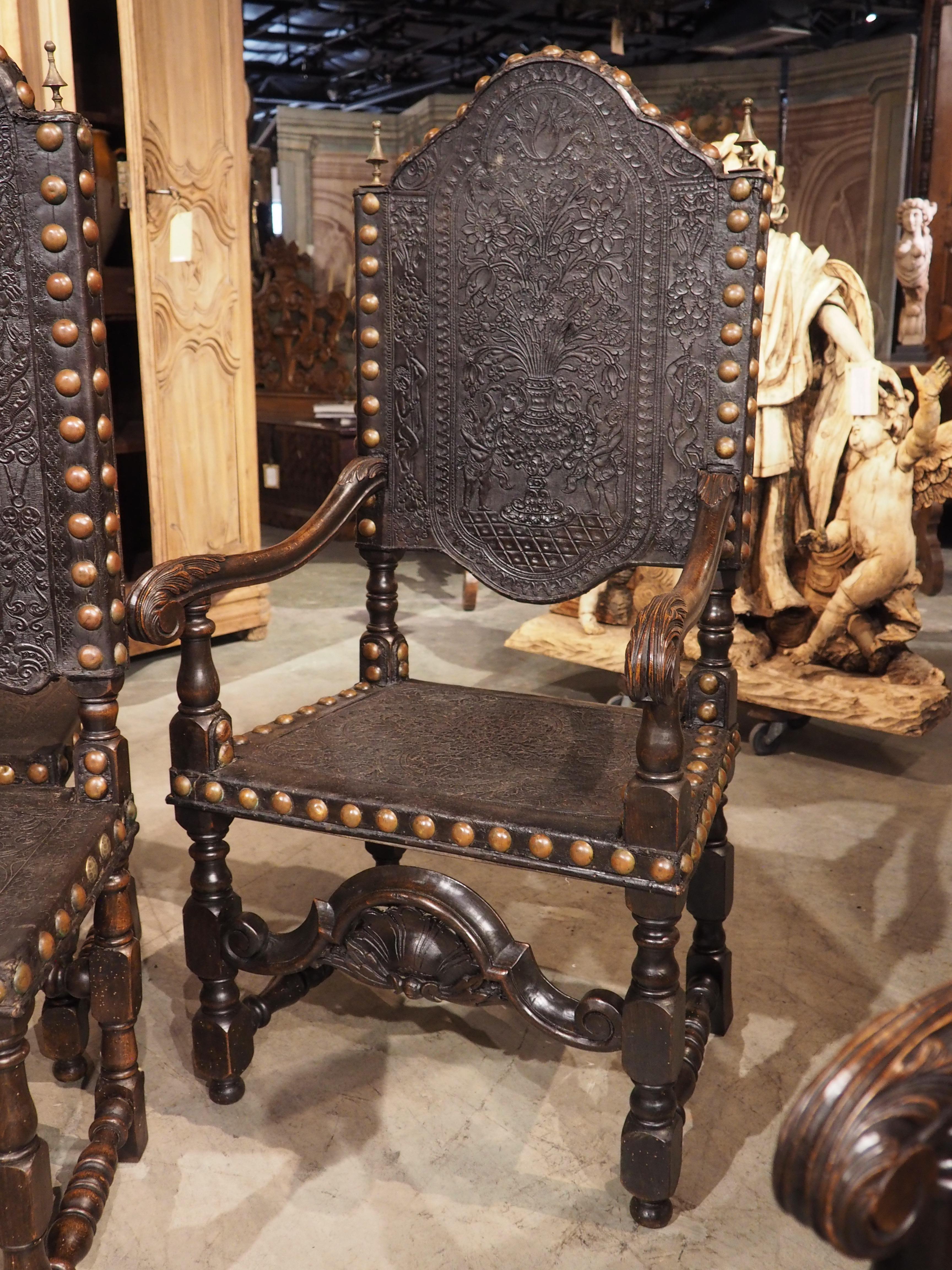 Rare Set of Eight 19th Century Spanish Embossed and Studded Leather Chairs 2
