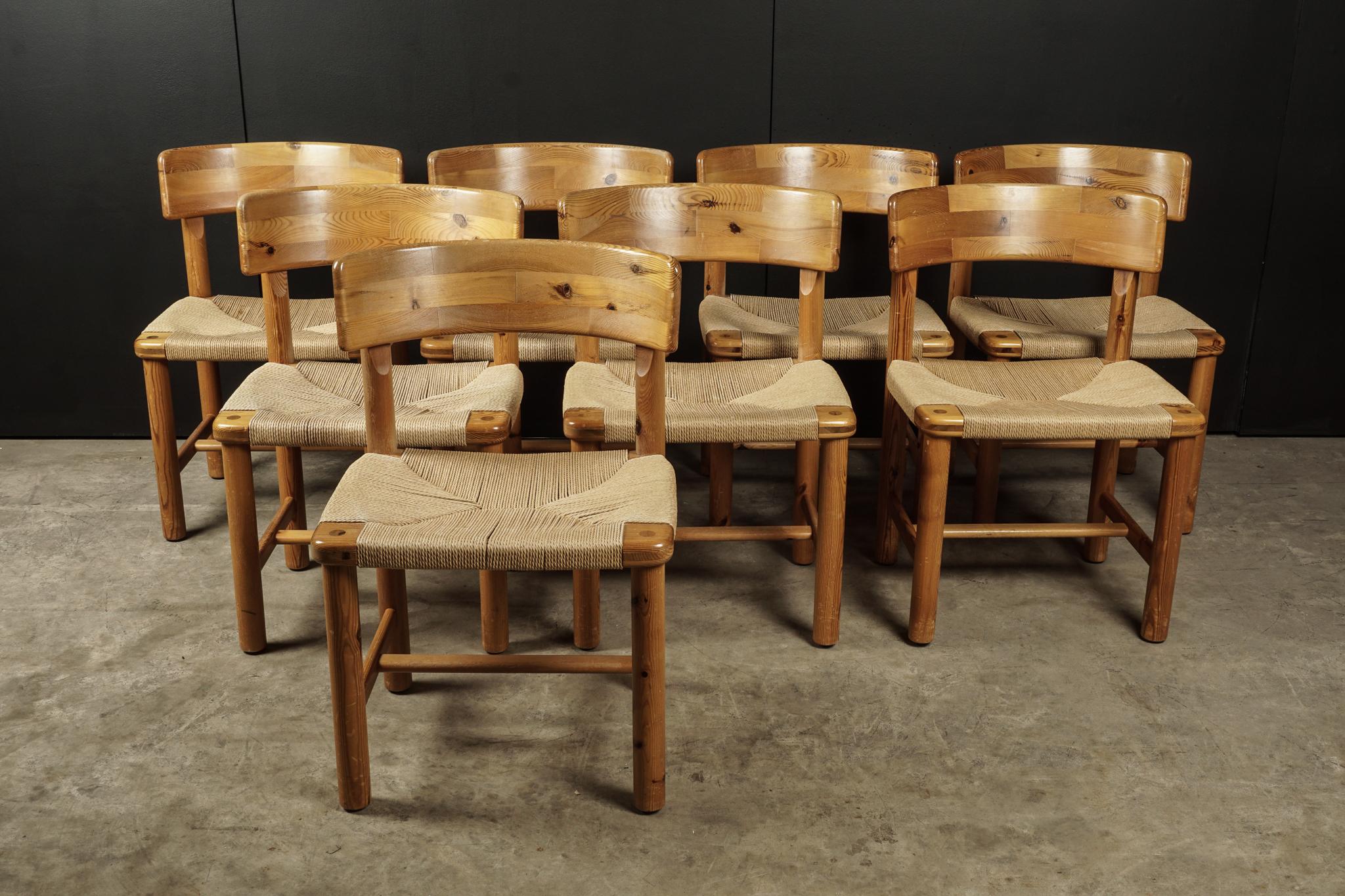 Rare set of eight dining chairs attributed to Rainer Daumiller, Denmark. Solid pine construction with paper cord seats. Presumably Manufactured by Hirtshalls Sawmills, Denmark, circa 1970.

 