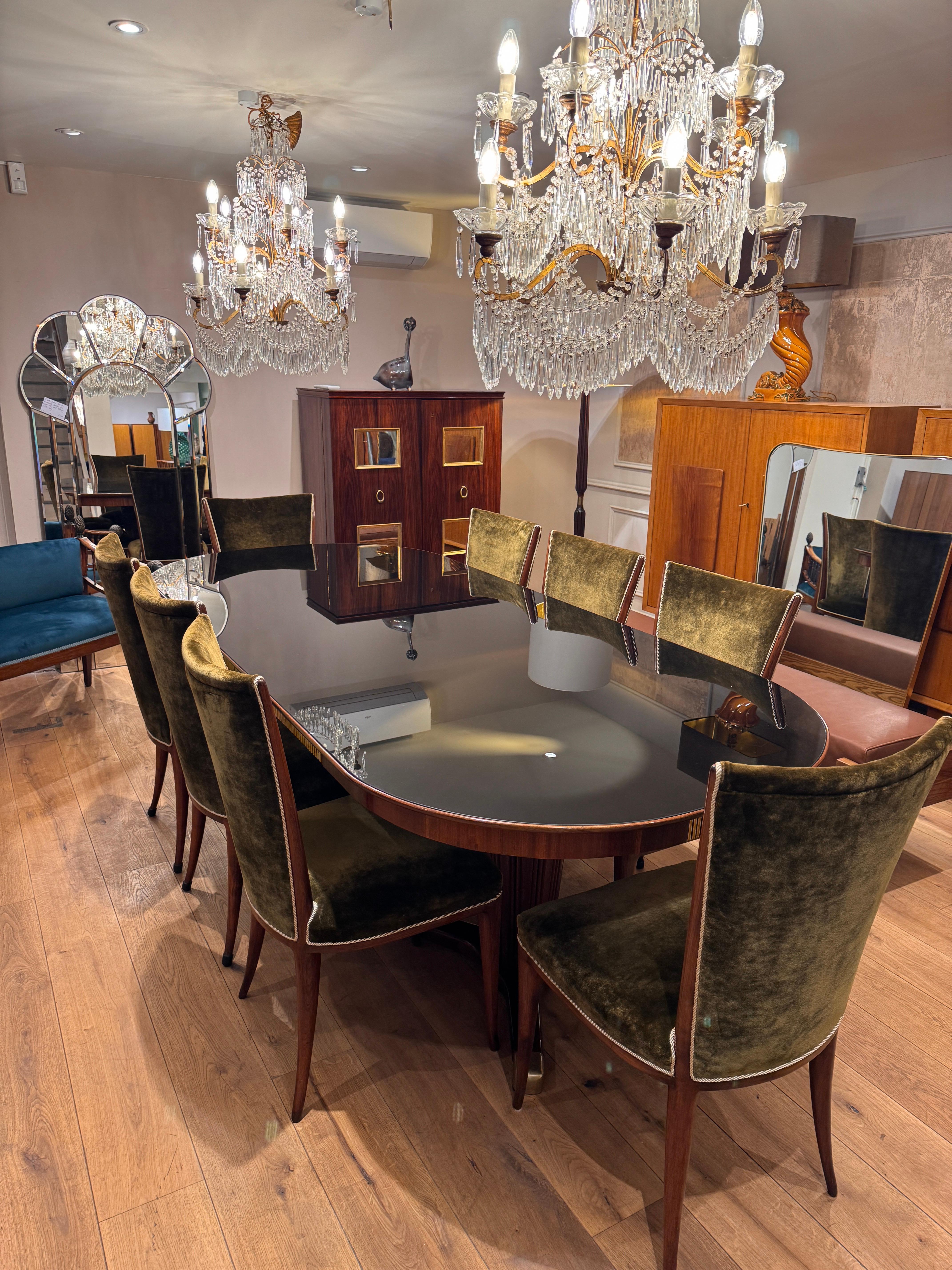 Velvet Rare set of eight dining room chairs by Osvaldo Borsani For Sale