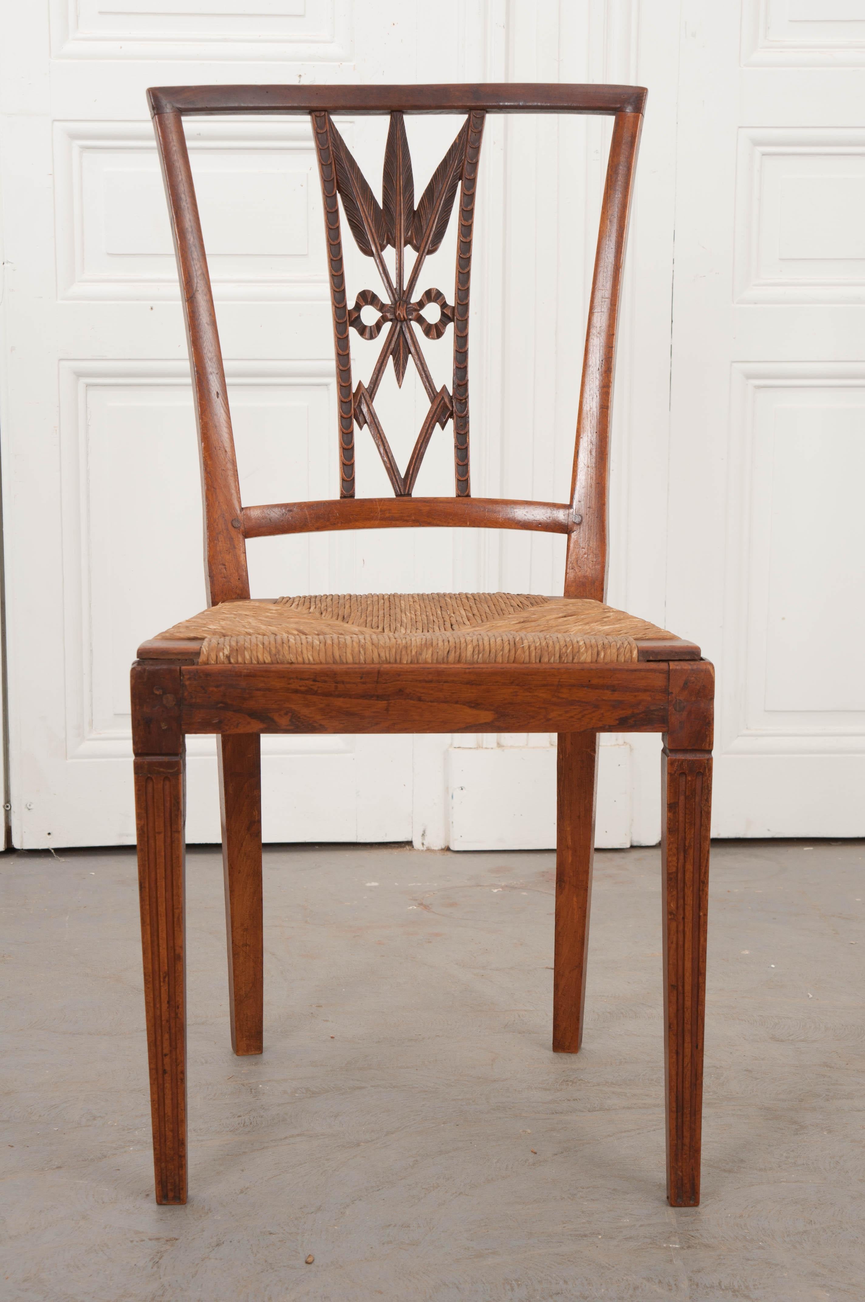 Rare Set of Eight French 19th Century Louis XVI-Style Rush-Seat Dining Chairs In Good Condition In Baton Rouge, LA
