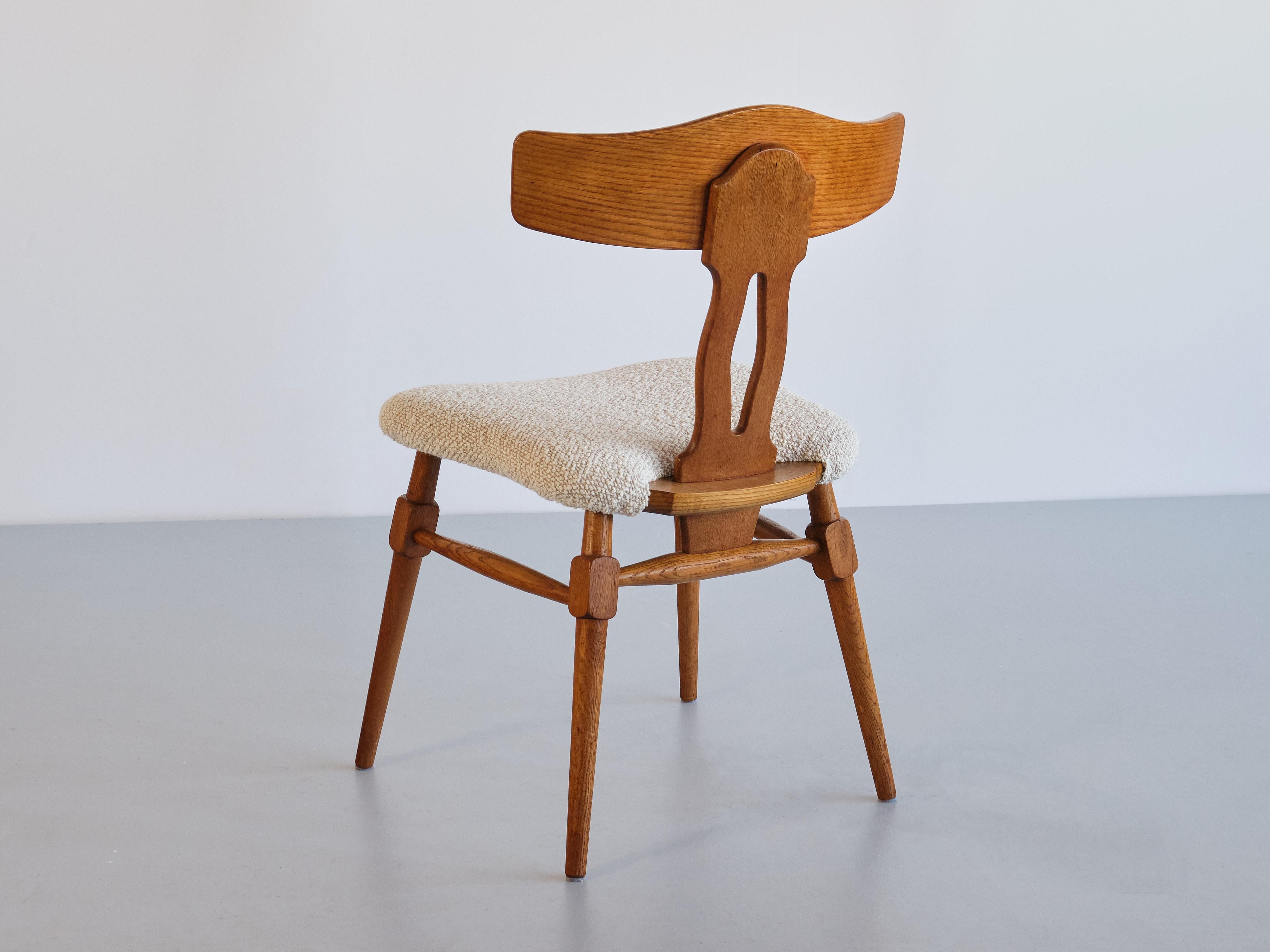 Rare Set of Eight Henning Kjærnulf Dining Chairs in Oak & Bouclé, Denmark, 1950s For Sale 5