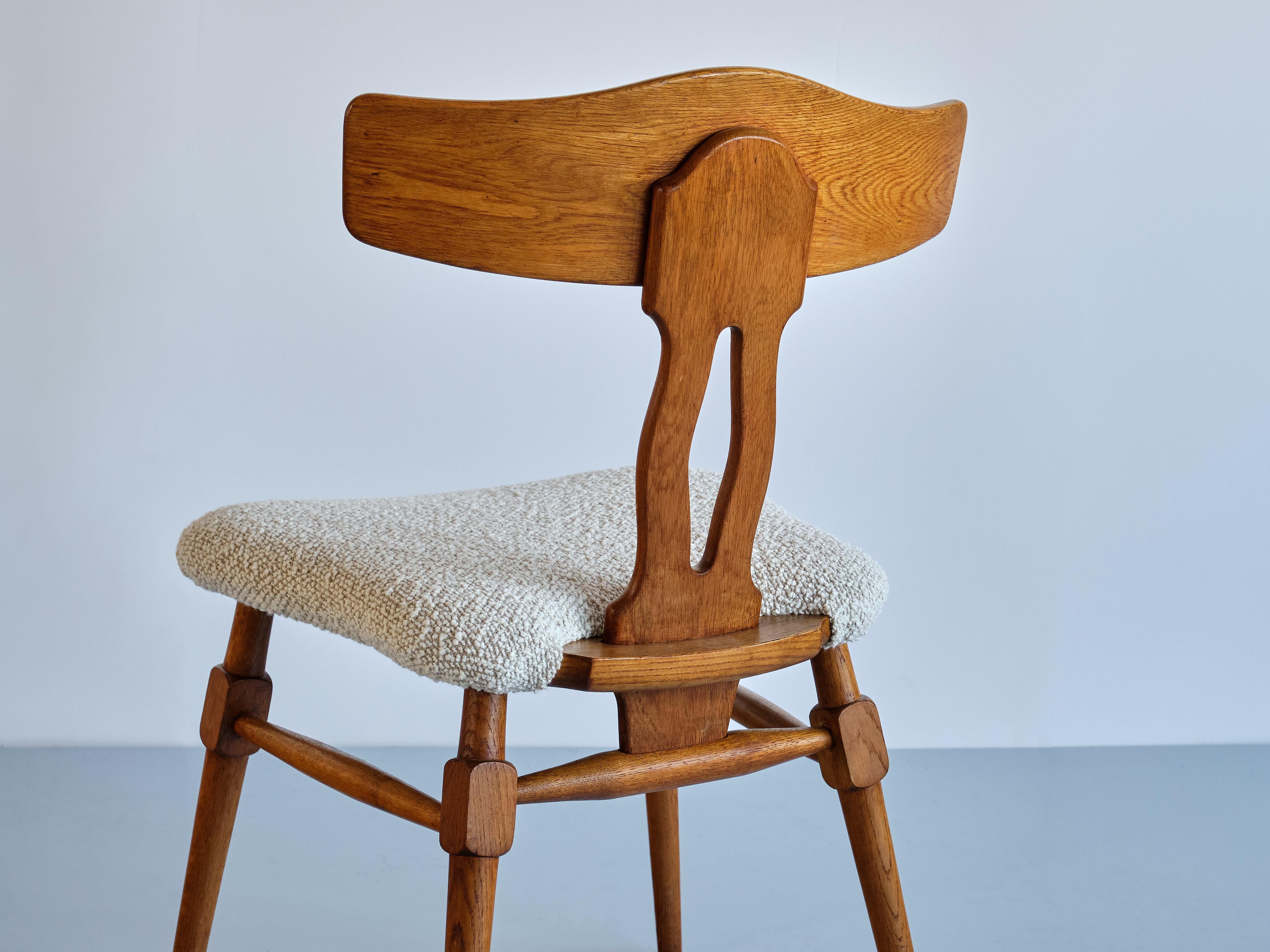 Rare Set of Eight Henning Kjærnulf Dining Chairs in Oak & Bouclé, Denmark, 1950s For Sale 6