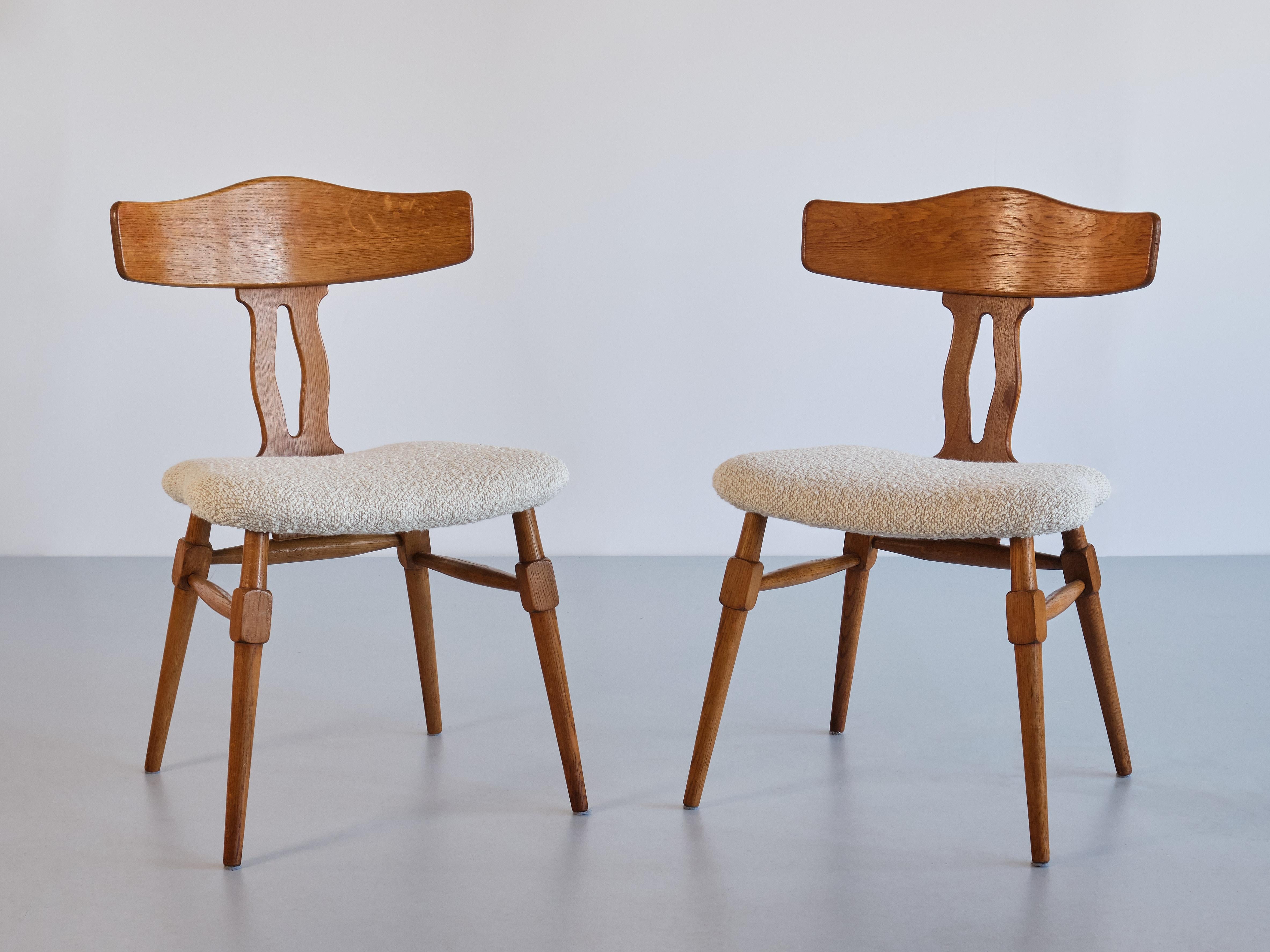 Danish Rare Set of Eight Henning Kjærnulf Dining Chairs in Oak & Bouclé, Denmark, 1950s For Sale
