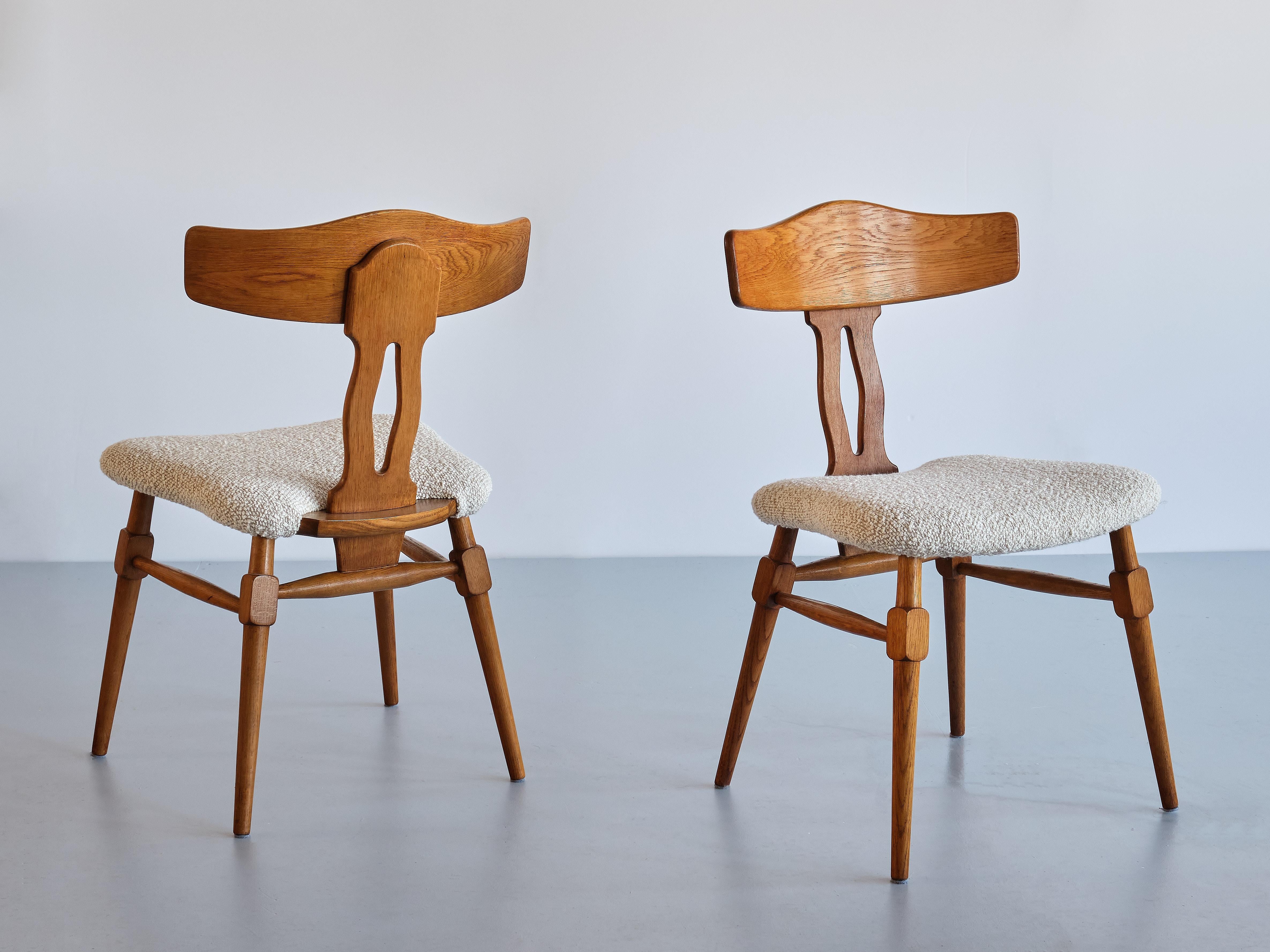 Mid-20th Century Rare Set of Eight Henning Kjærnulf Dining Chairs in Oak & Bouclé, Denmark, 1950s For Sale