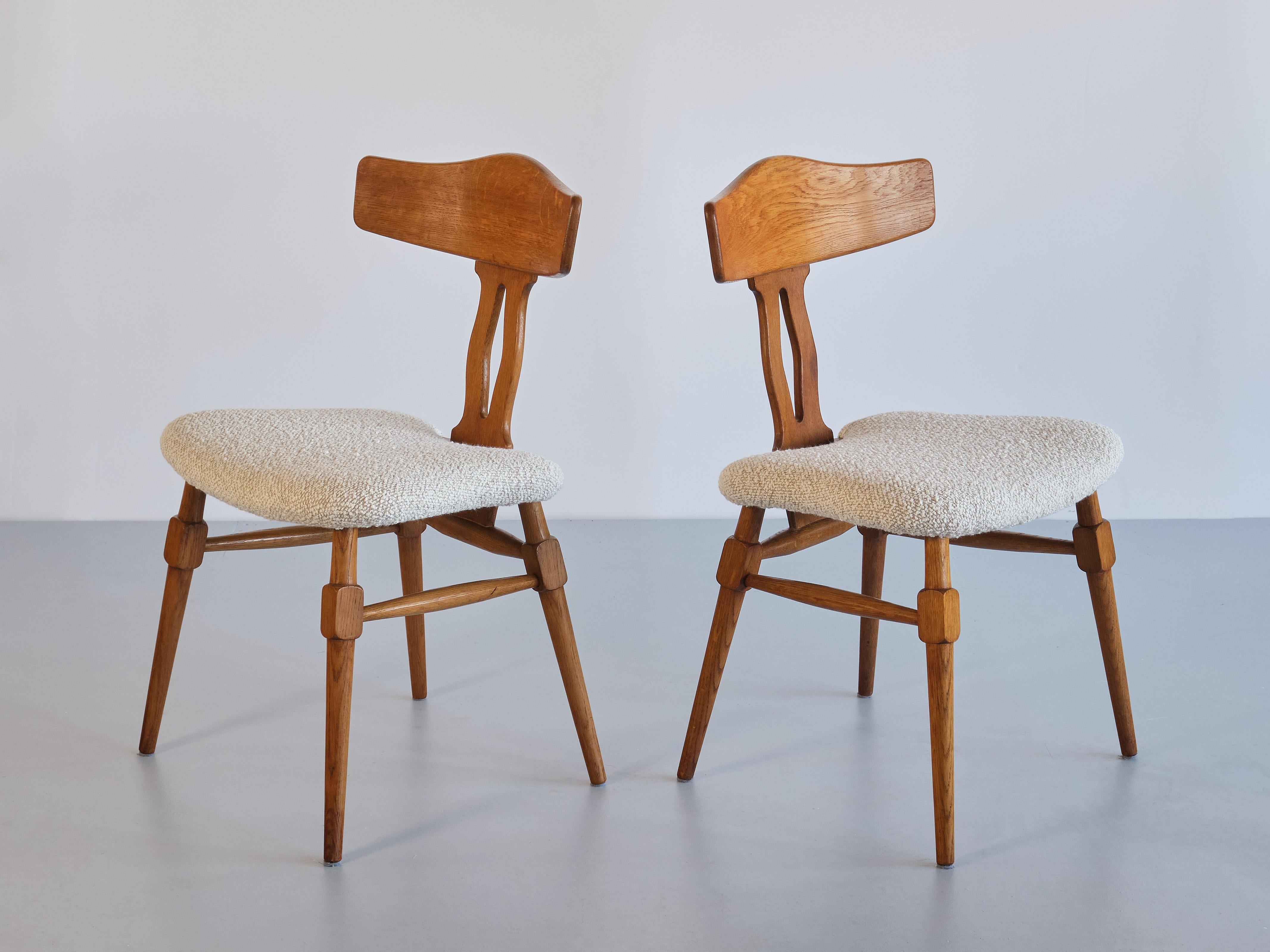 Fabric Rare Set of Eight Henning Kjærnulf Dining Chairs in Oak & Bouclé, Denmark, 1950s For Sale