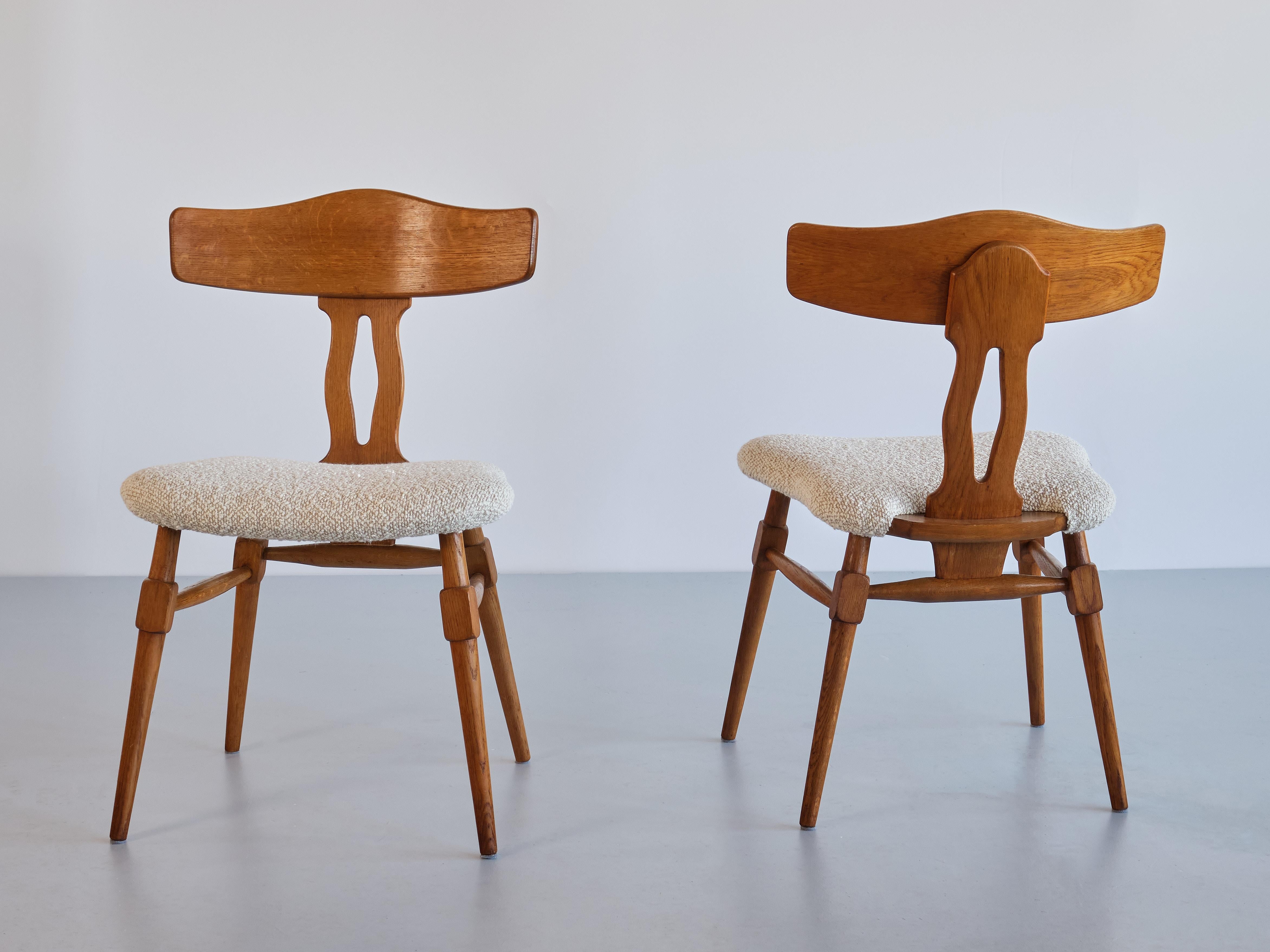 Rare Set of Eight Henning Kjærnulf Dining Chairs in Oak & Bouclé, Denmark, 1950s For Sale 1