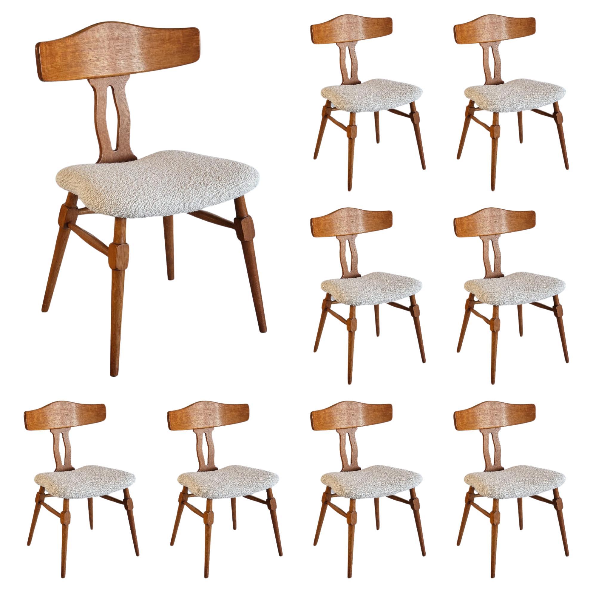 Rare Set of Eight Henning Kjærnulf Dining Chairs in Oak & Bouclé, Denmark, 1950s
