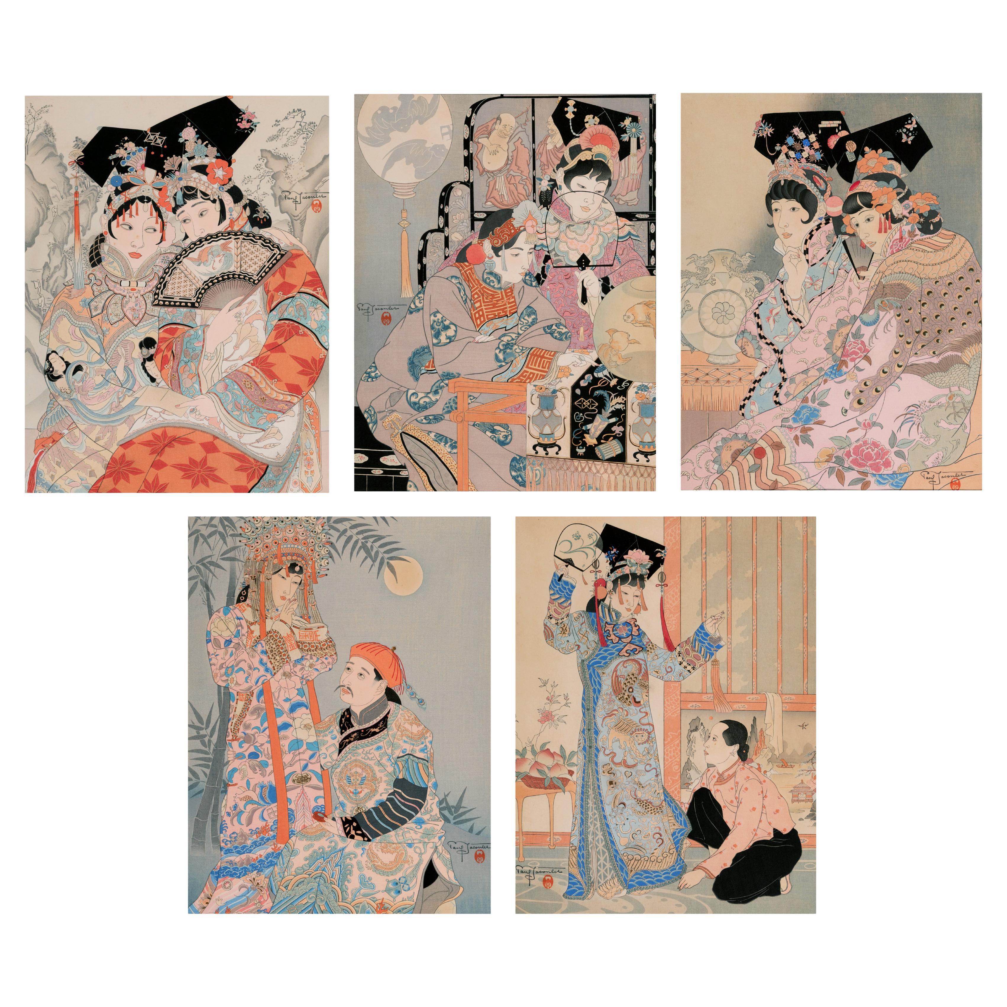 Rare Set of Five Dames Chinoises et Madchoues Woodblock Prints Paul Jacoulet For Sale