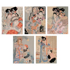 Rare Set of Five Dames Chinoises et Madchoues Woodblock Prints Paul Jacoulet