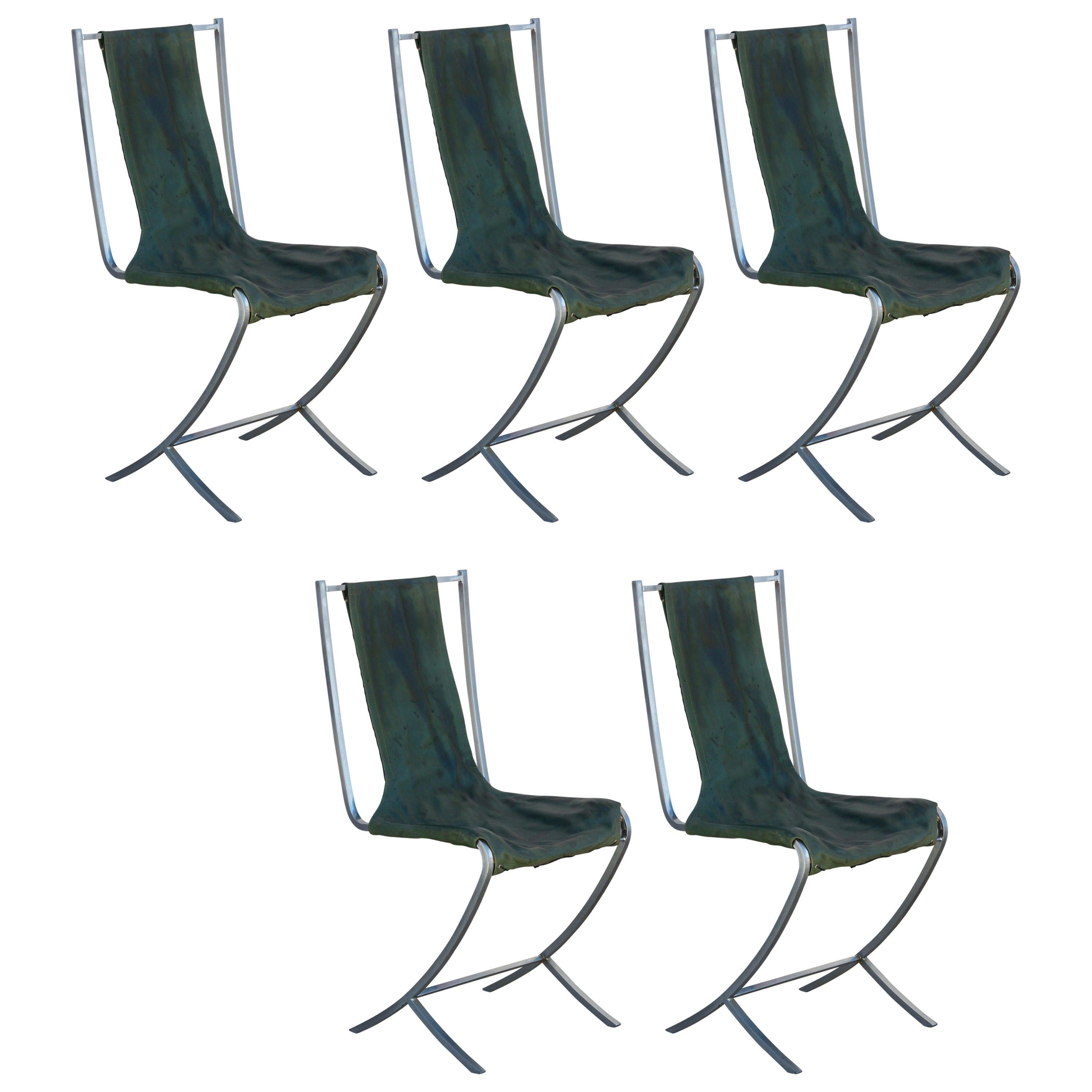 Rare Set of Five Stainless Steel Chairs by Maison Jansen For Sale