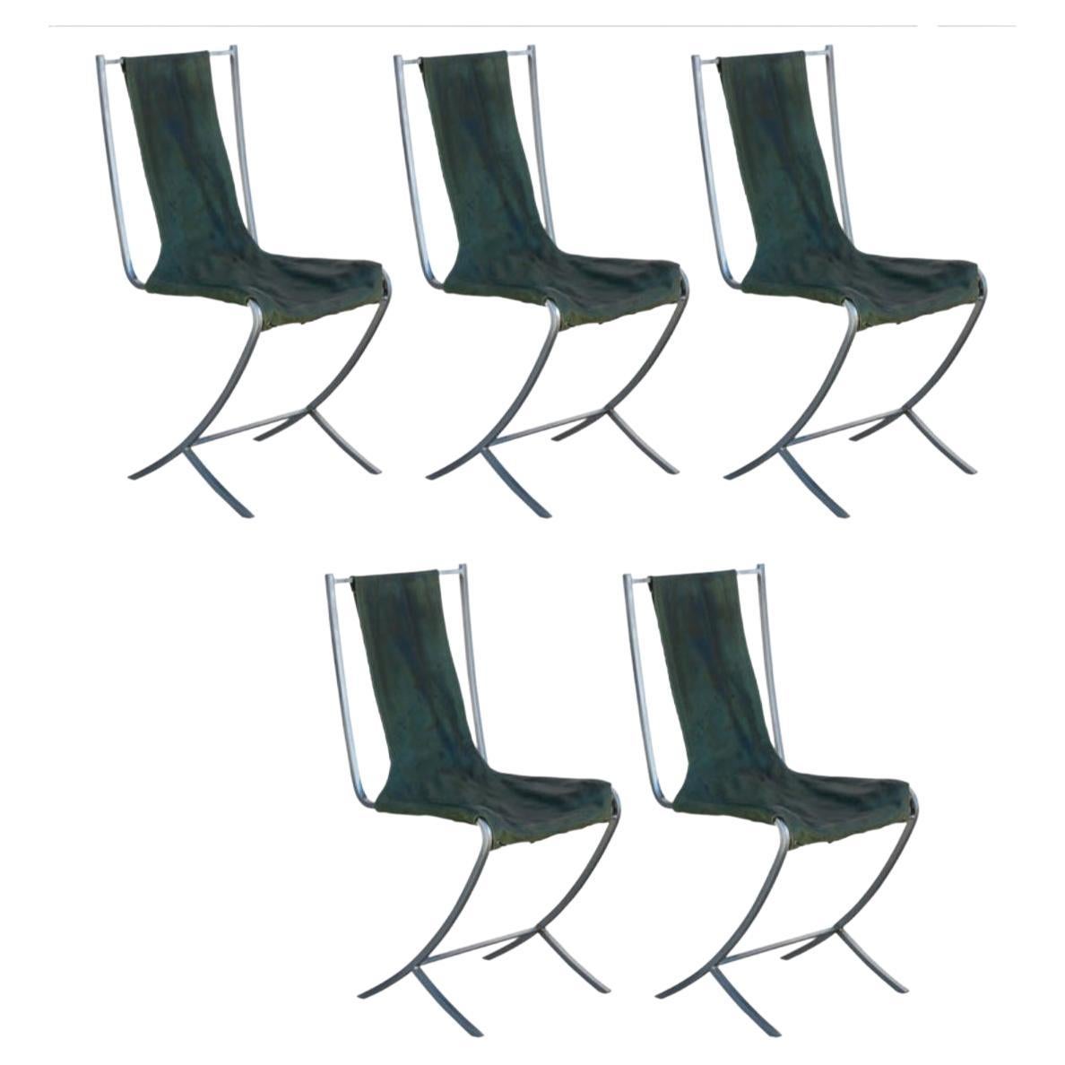 Rare ensemble de cinq chaises en acier inoxydable de la Maison Jansen