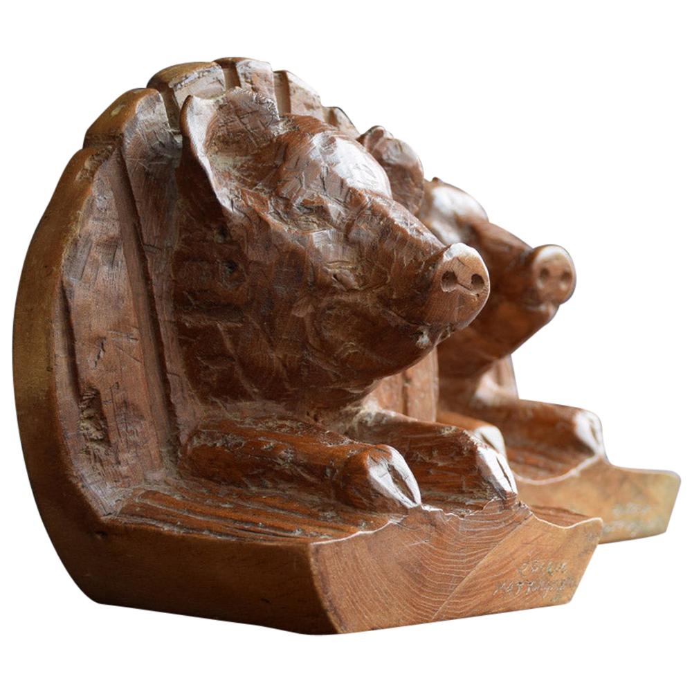 Rare Set of Folk Art Hand Carved Wooden Ham Ends 'Signed', circa 1930
