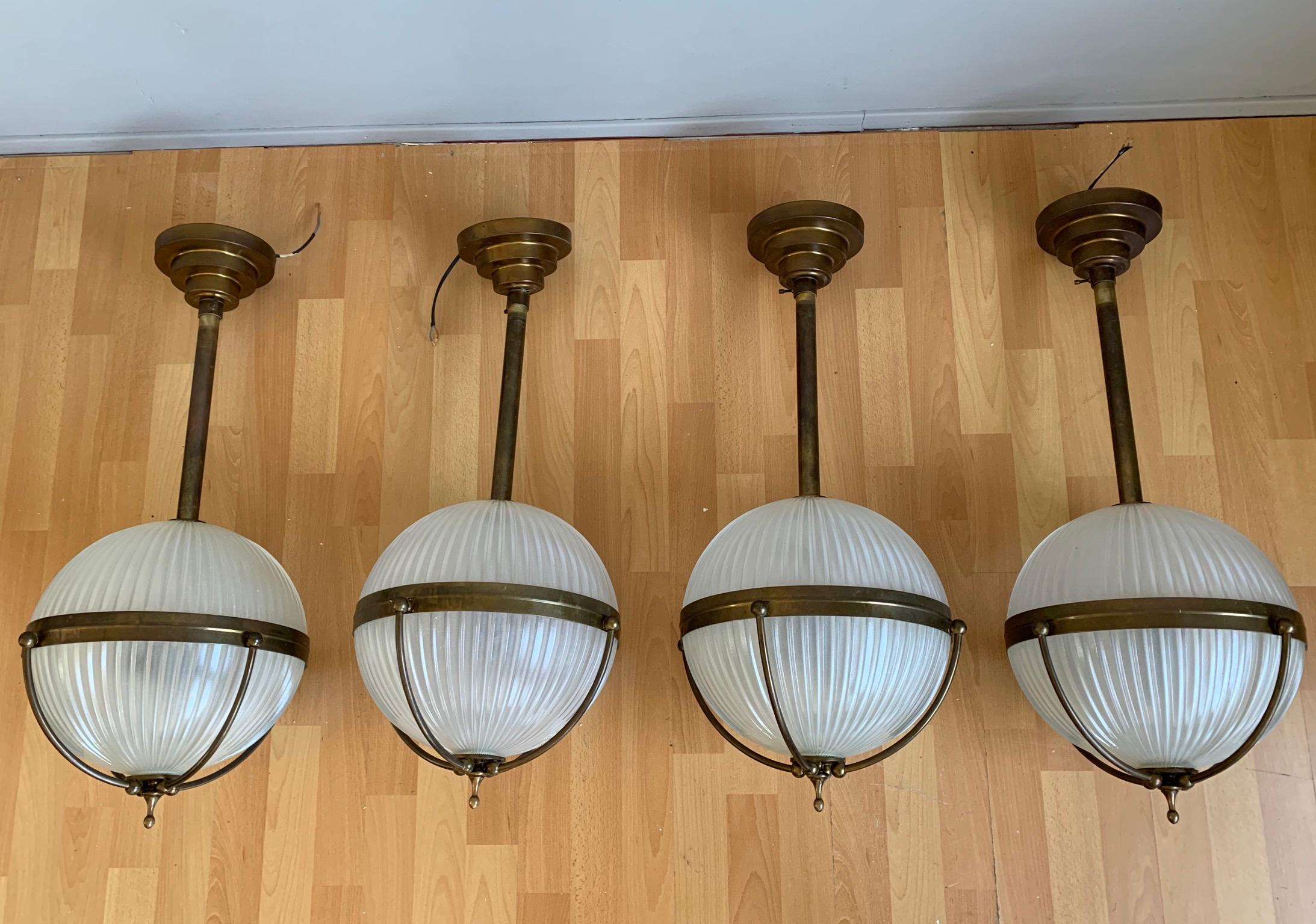 Rare Set of Four Art Deco Style Brass and Glass Holophane Style Pendant  Lights  4