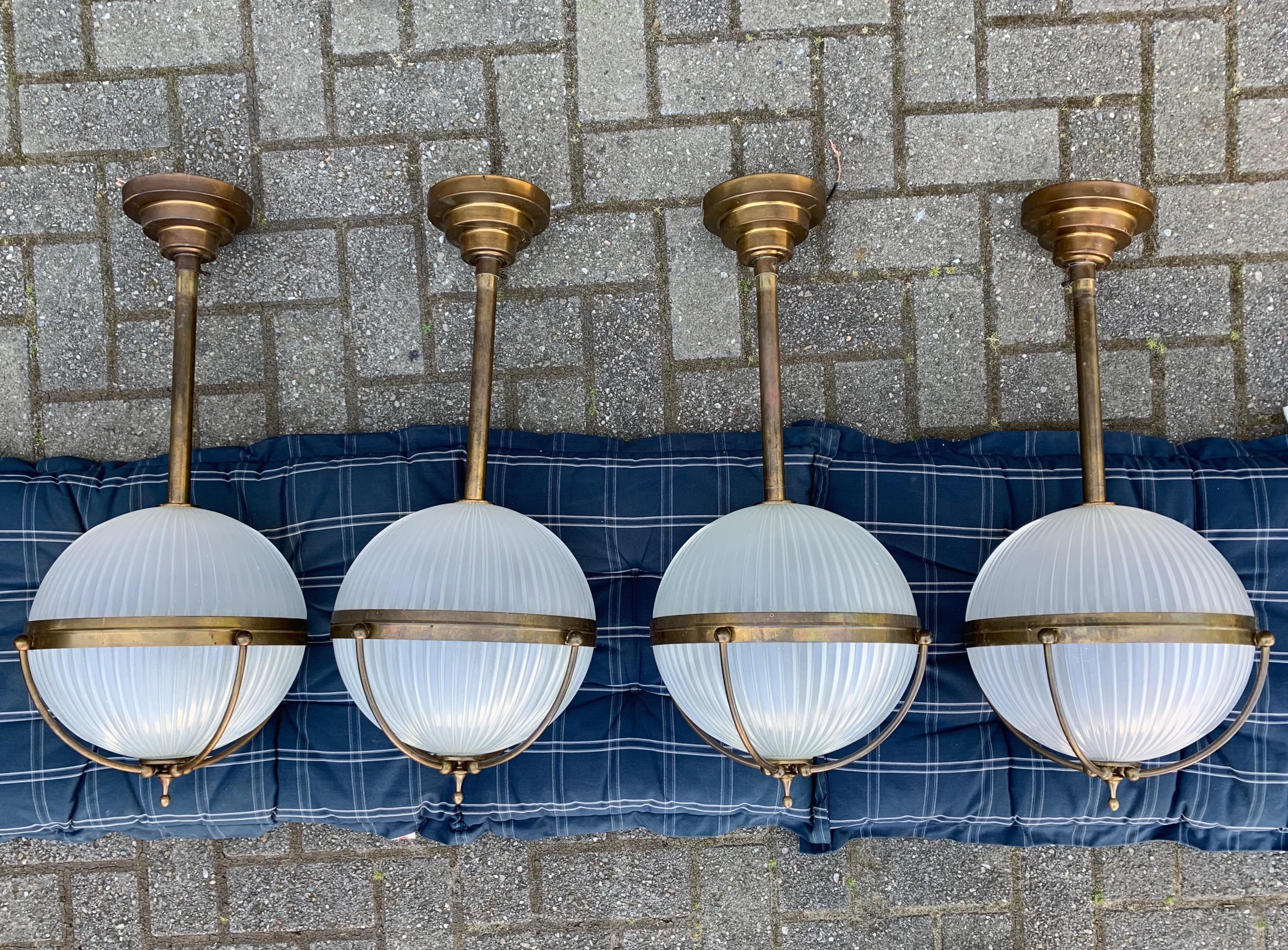 Rare Set of Four Art Deco Style Brass and Glass Holophane Style Pendant  Lights  12
