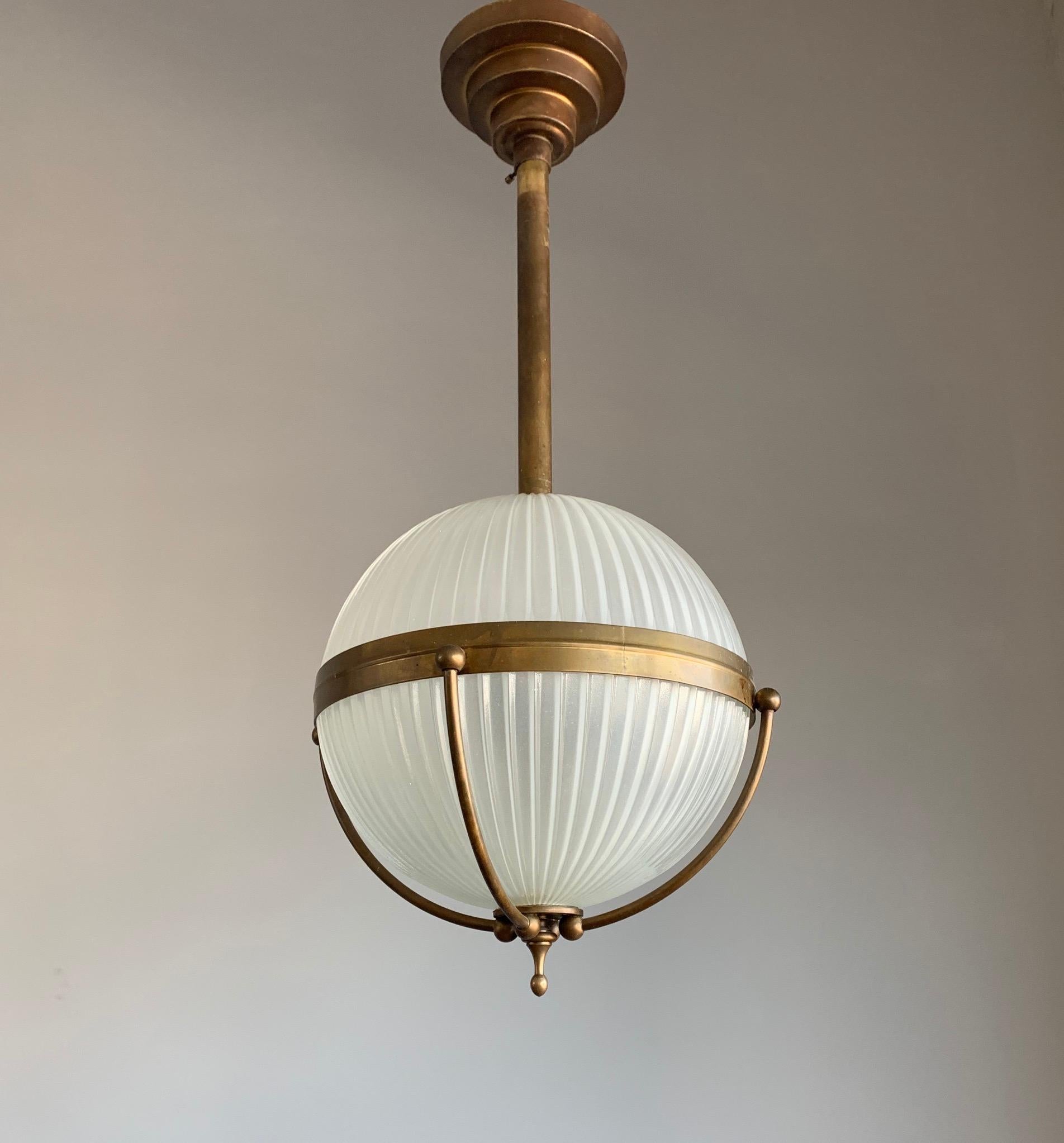 Rare Set of Four Art Deco Style Brass and Glass Holophane Style Pendant  Lights  In Good Condition In Lisse, NL