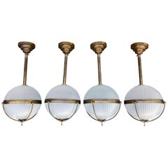 Rare Set of Four Art Deco Style Brass and Glass Holophane Style Pendant  Lights 
