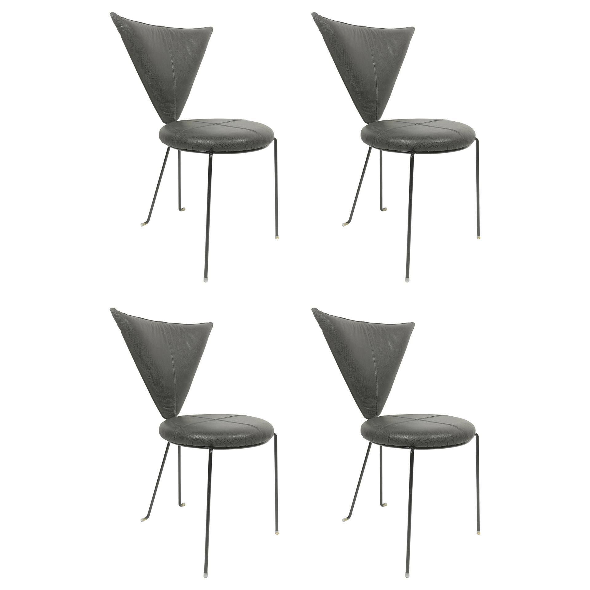 Rare Set of Four Black Leather and Painted Steel Chairs by Helmut Lubke & Co