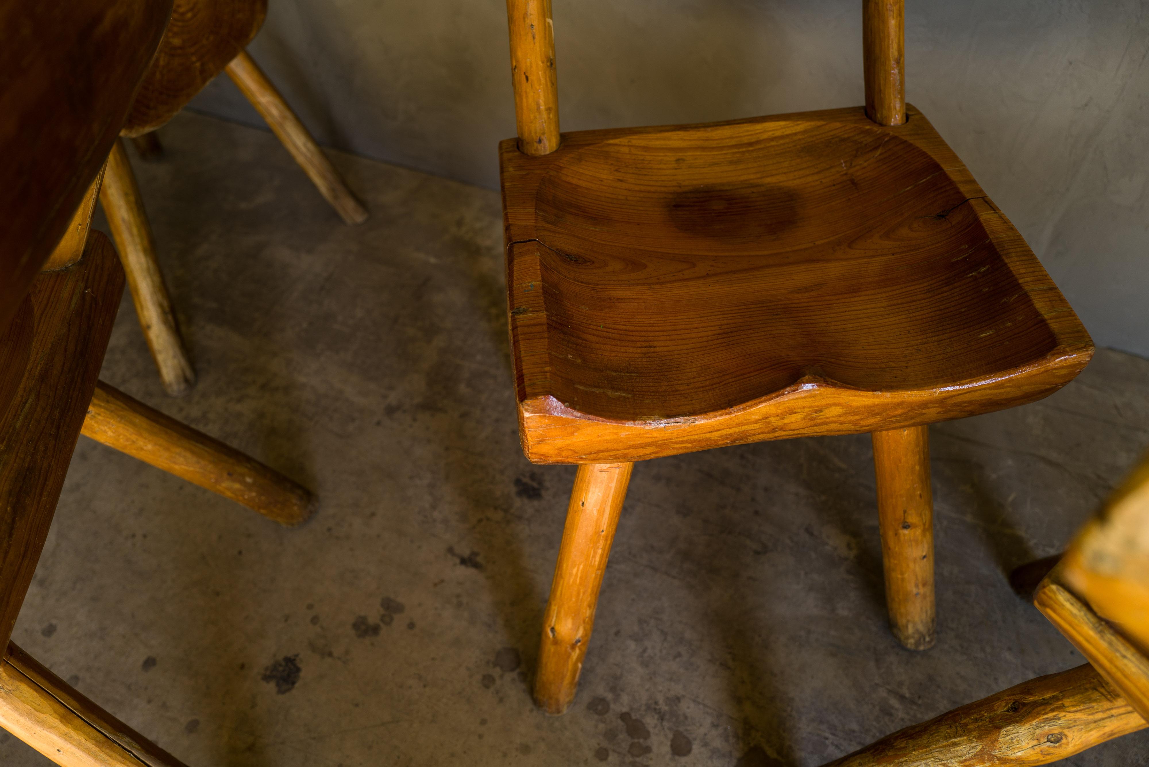 Mid-20th Century Primitive Set of Four Carved Pine Chairs, circa 1960