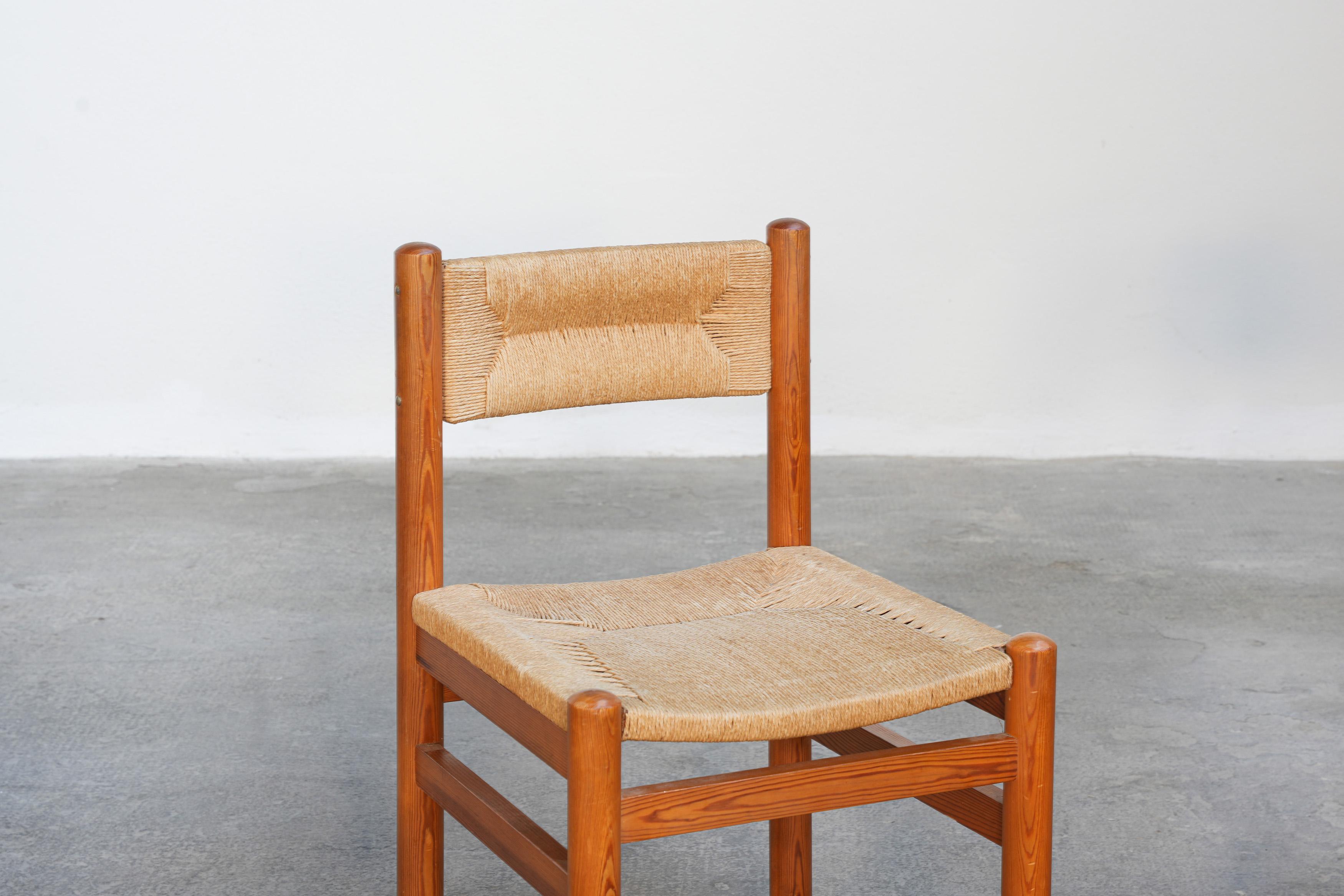Papercord Rare Set of Four Danish Pine Chairs in the Style of Charlotte Perriand, 1960ies For Sale