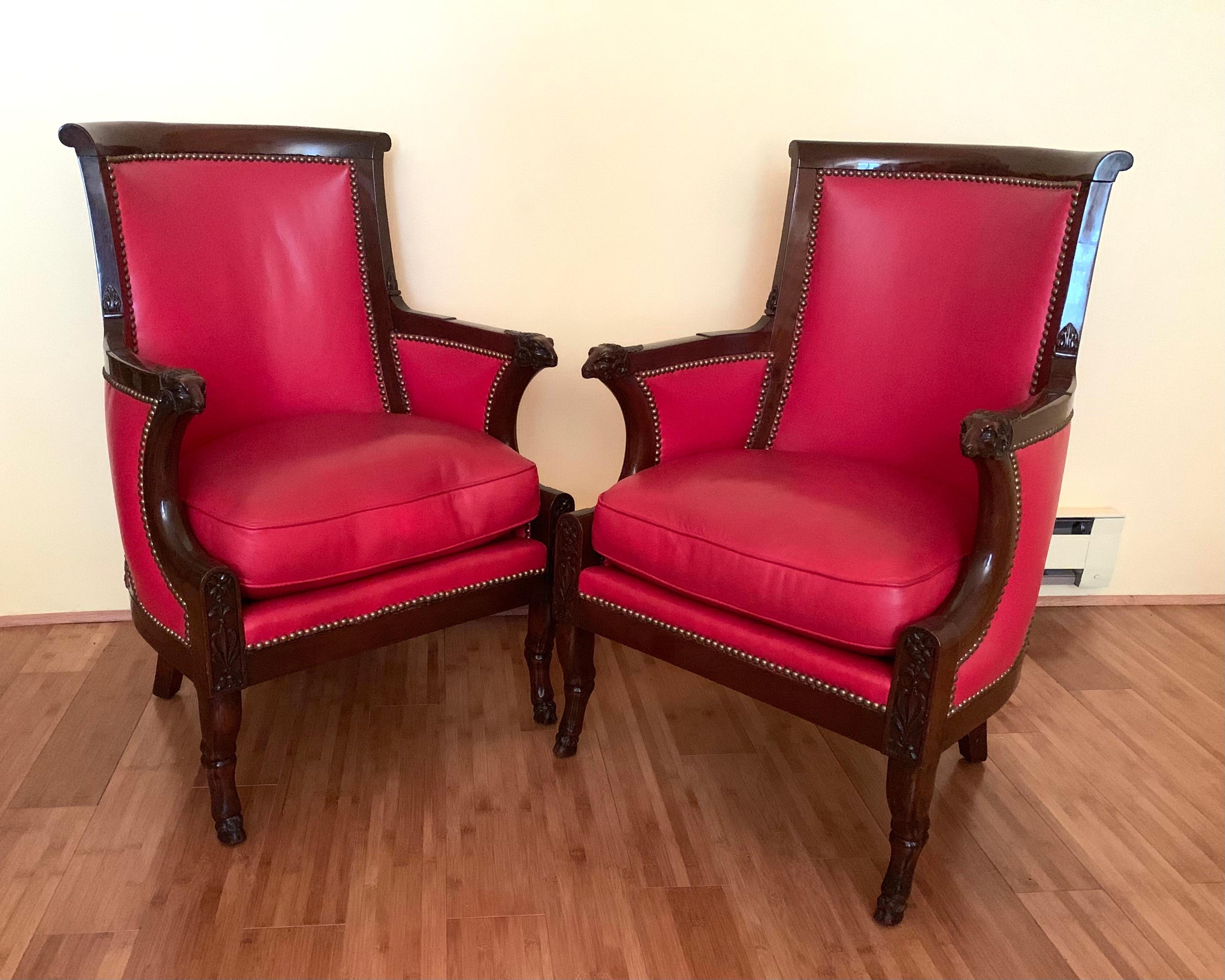 Rare Set of Four Empire Rams Head Carved Mahogany Armchairs, Bergeres For Sale 2
