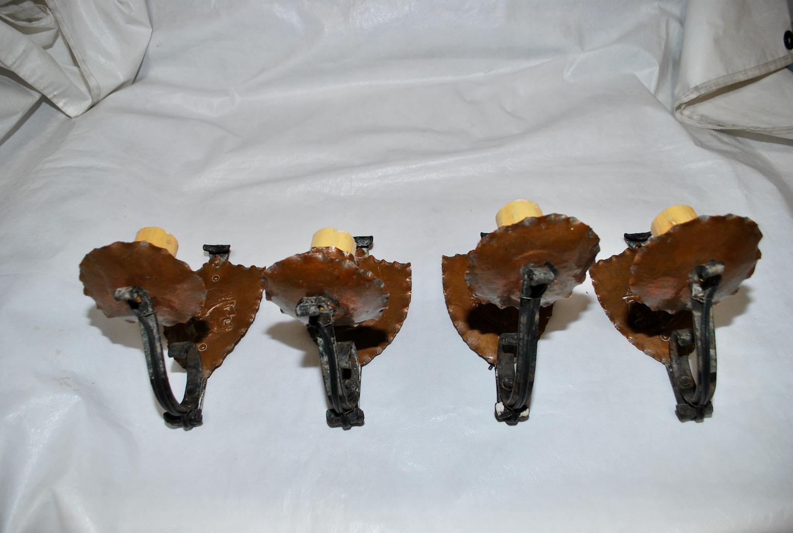Early 20th Century Rare Set of Four French 1920's Wrought Iron and Copper Sconces For Sale