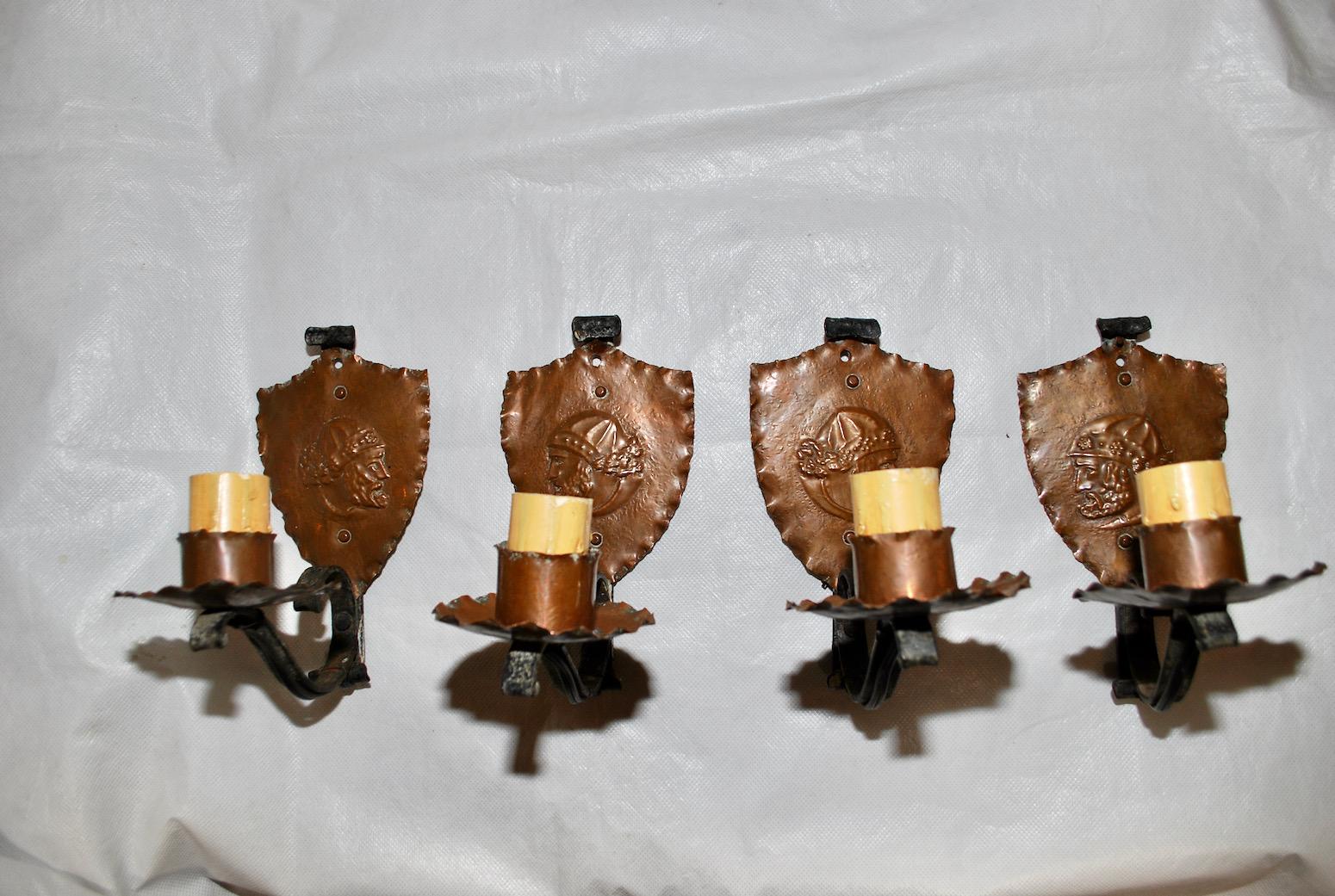 Rare Set of Four French 1920's Wrought Iron and Copper Sconces For Sale 1