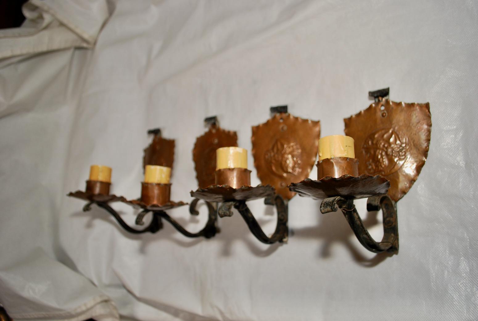 Rare Set of Four French 1920's Wrought Iron and Copper Sconces For Sale 2