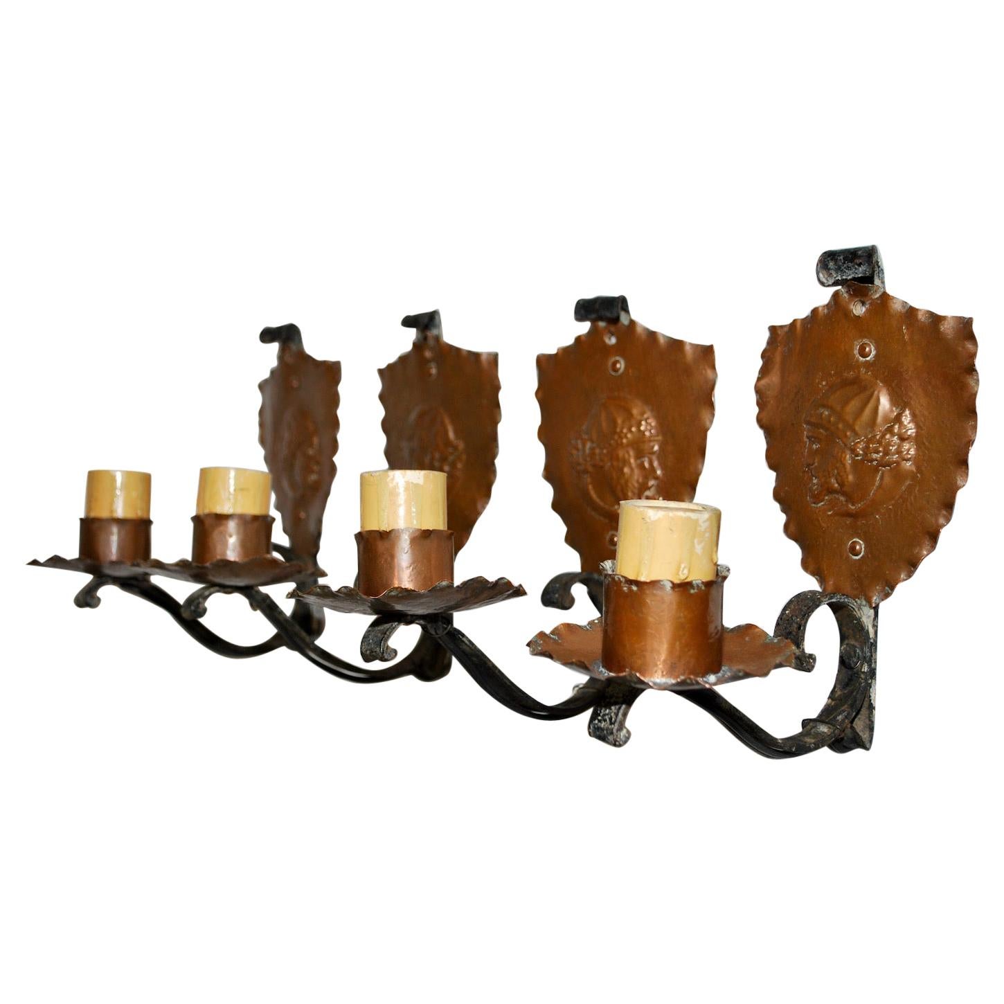 Rare Set of Four French 1920's Wrought Iron and Copper Sconces For Sale