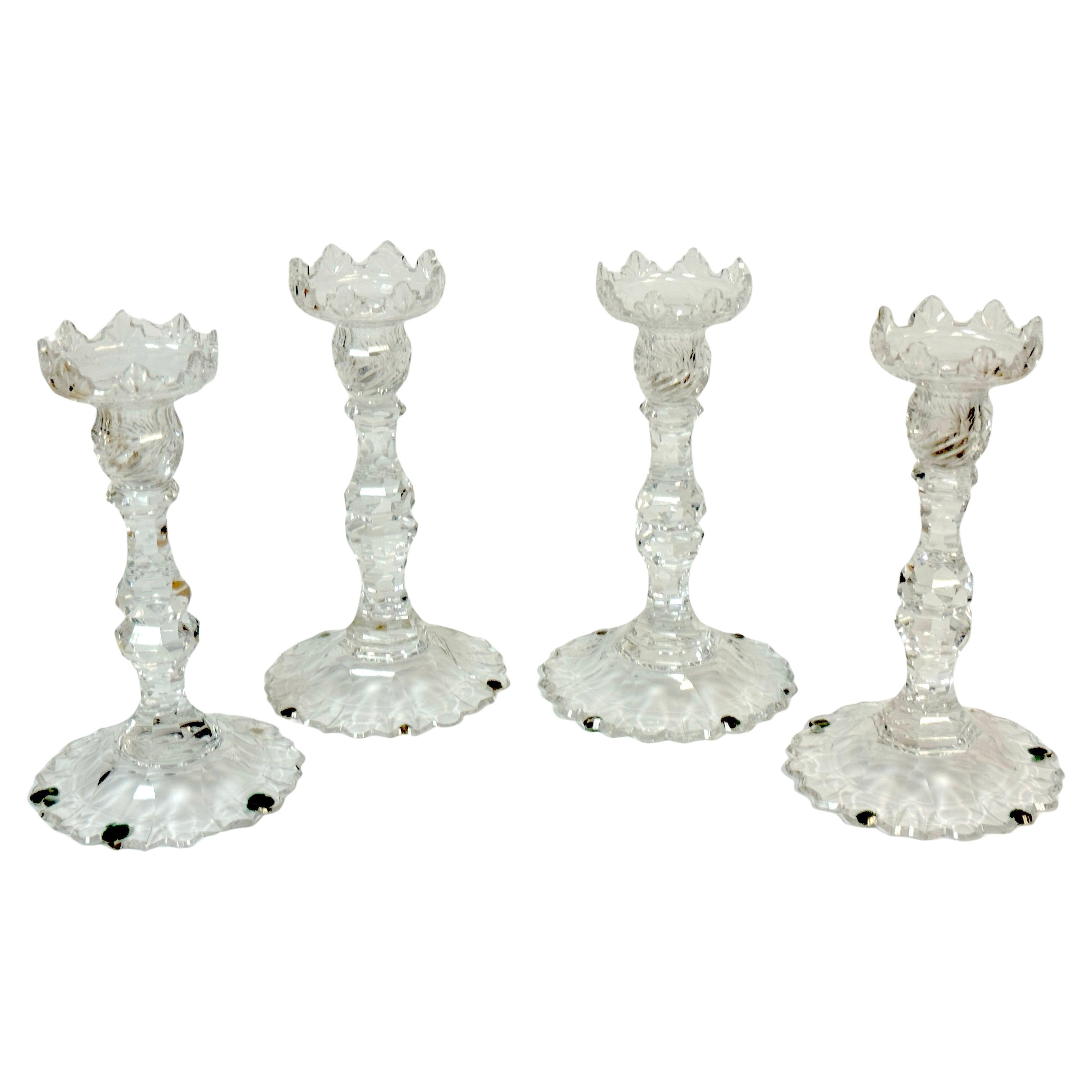Rare Set of Four Georgian Irish Cut Glass Pagoda Candlesticks, Circa 1810 For Sale