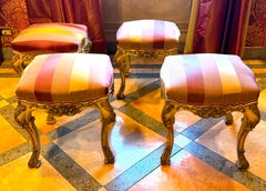 Rare Set of Four Gilt wood and Painted  Stools, Italy, 19th Century