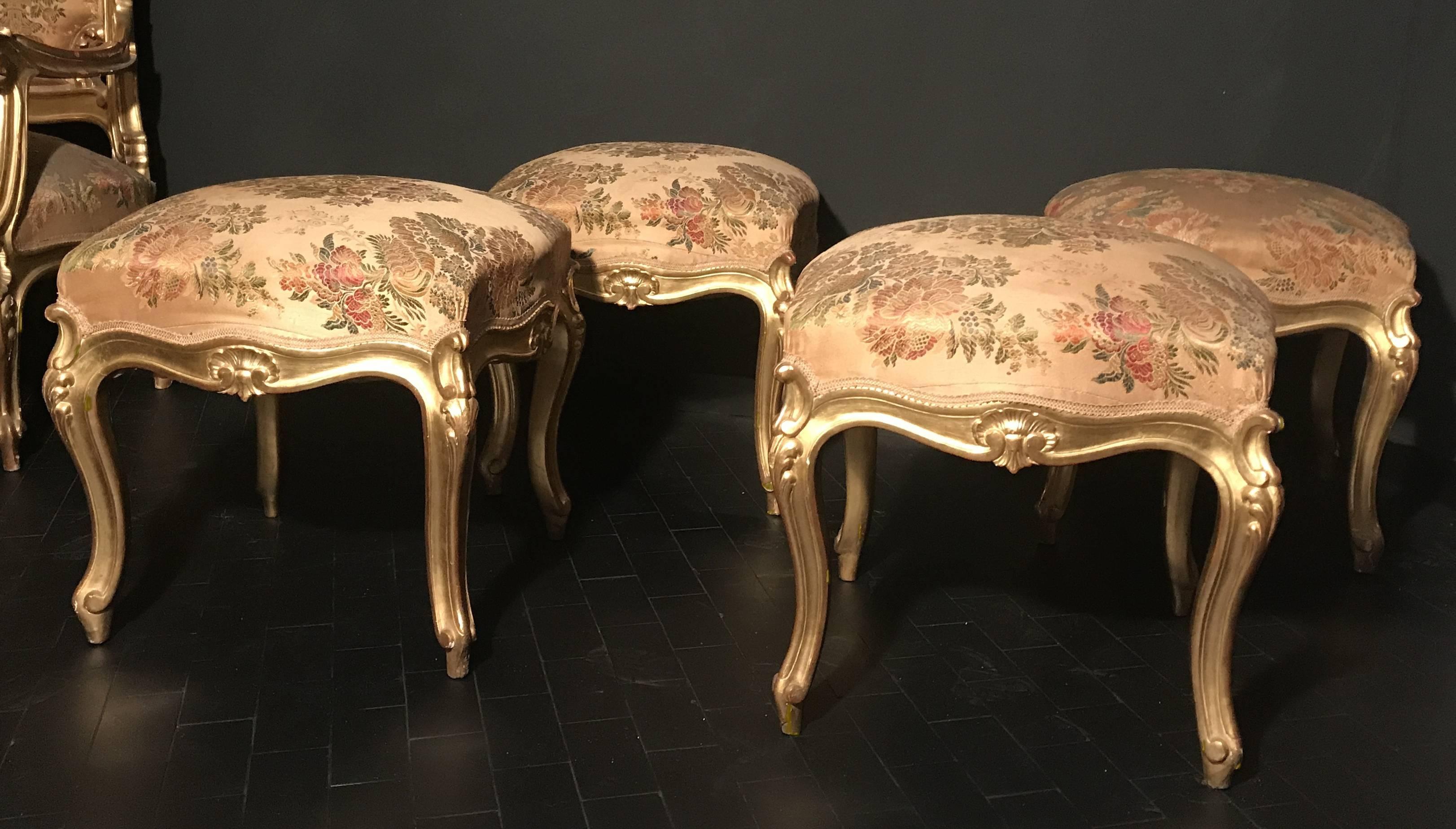 Hand-Carved Rare Set of Four Giltwood Stools, Italy, 19th Century For Sale