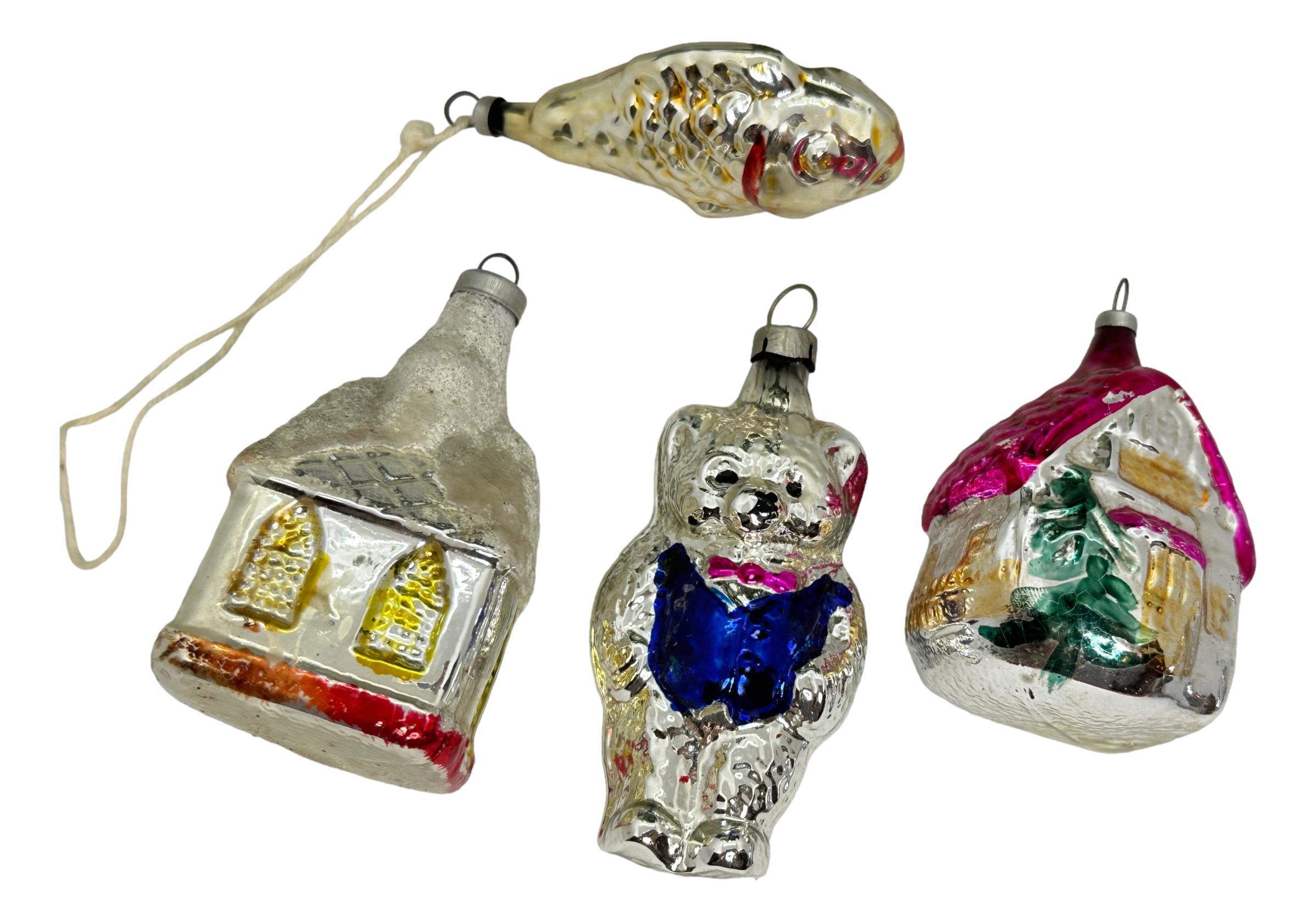 German Rare Set of Four House, Teddy Bear and Fish Christmas Ornament Vintage, 1930s For Sale