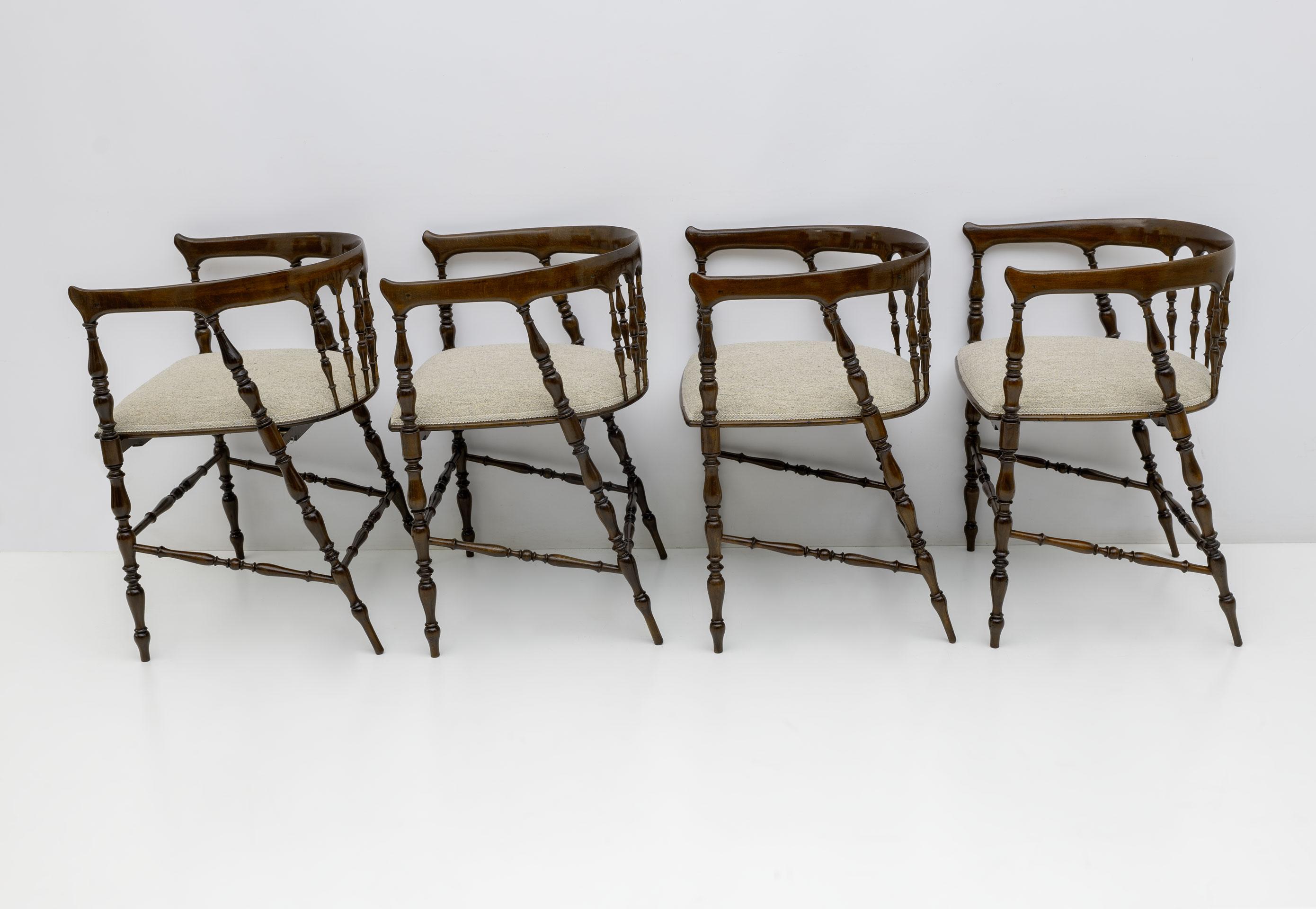 Bouclé Rare Set of Four Mid-century Modern Italian Chiavari Cockpit Dinning Chairs, 50s